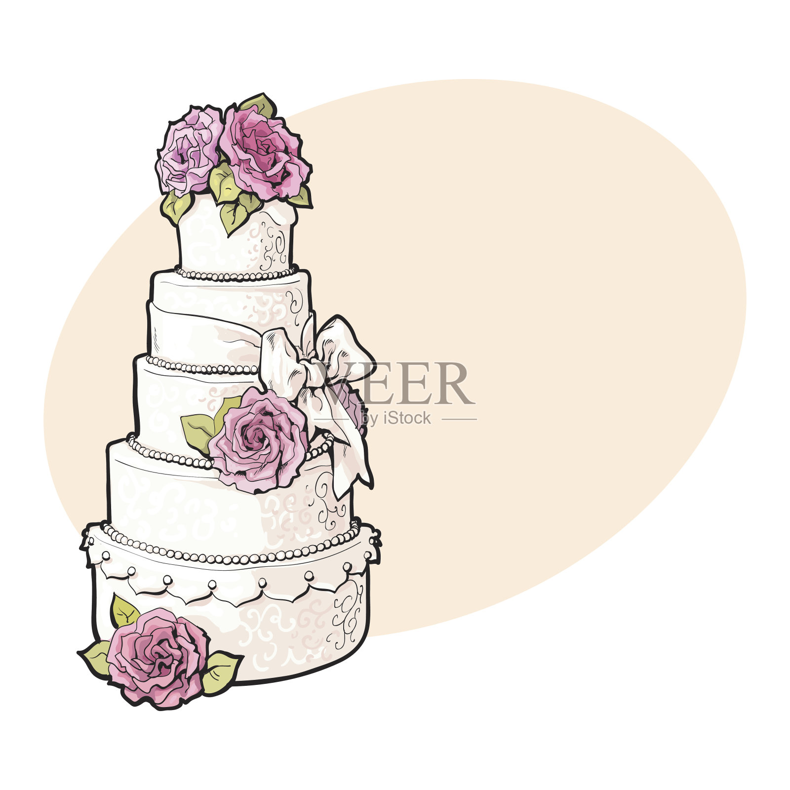 传统的白色分层婚礼蛋糕，用粉色杏仁玫瑰装饰插画图片素材