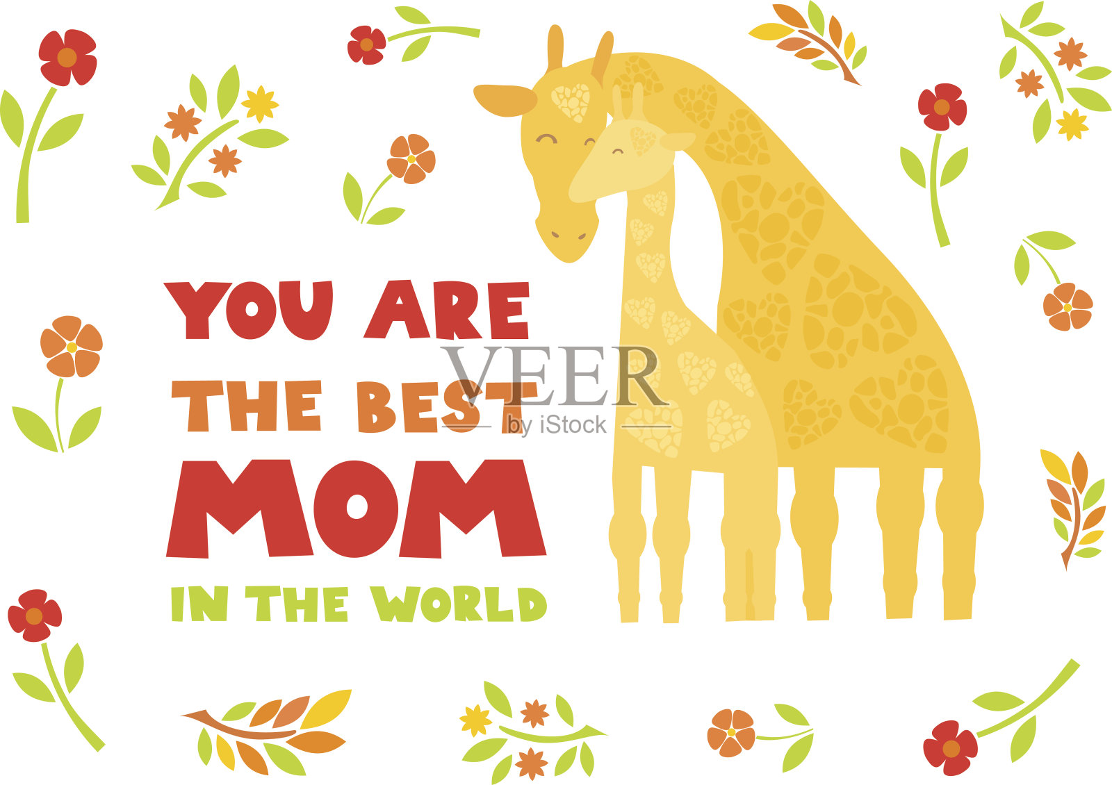 卡通母亲节卡片。长颈鹿妈妈和小长颈鹿插画图片素材