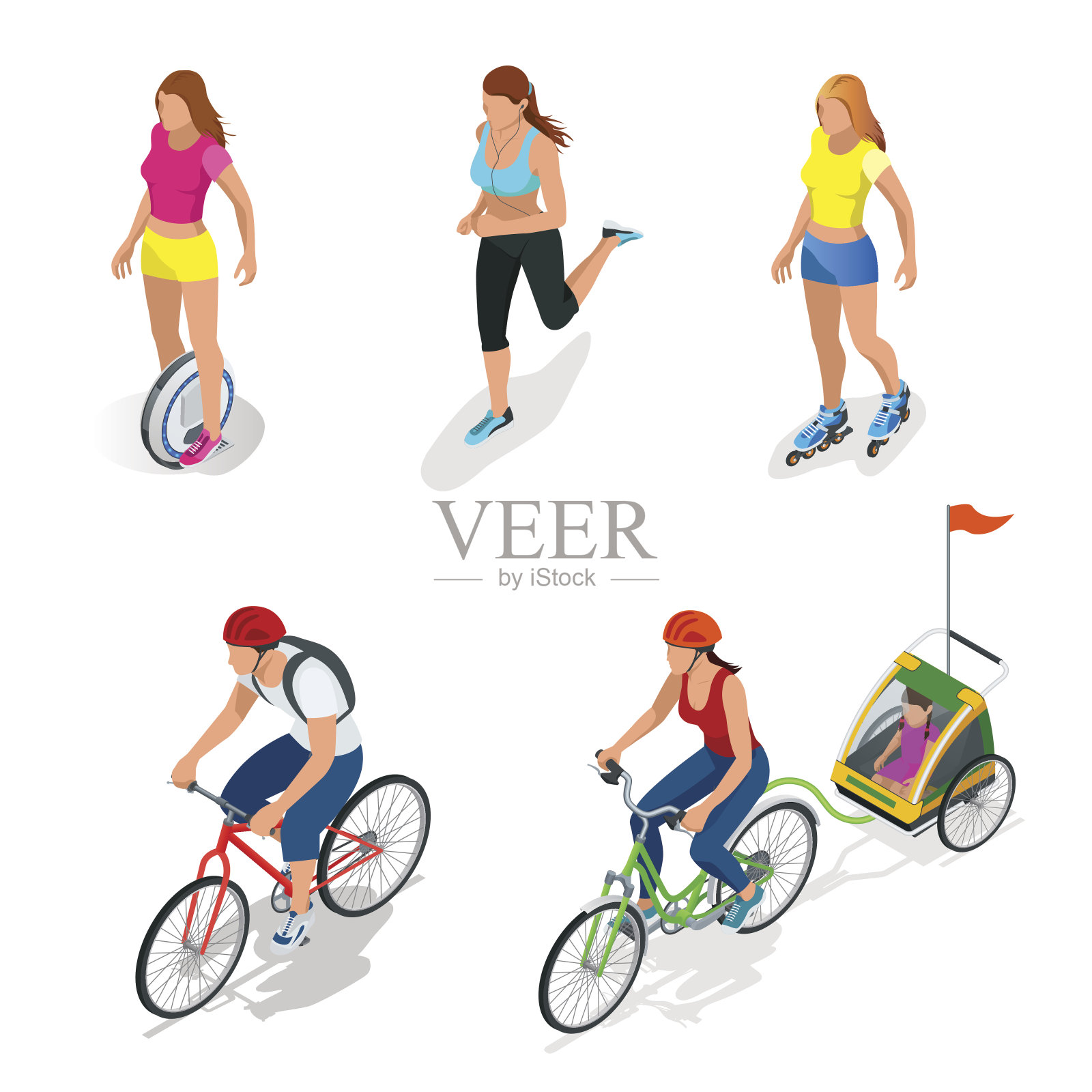 等距的自行车。家人骑自行车的人。轮滑的女孩。插画图片素材