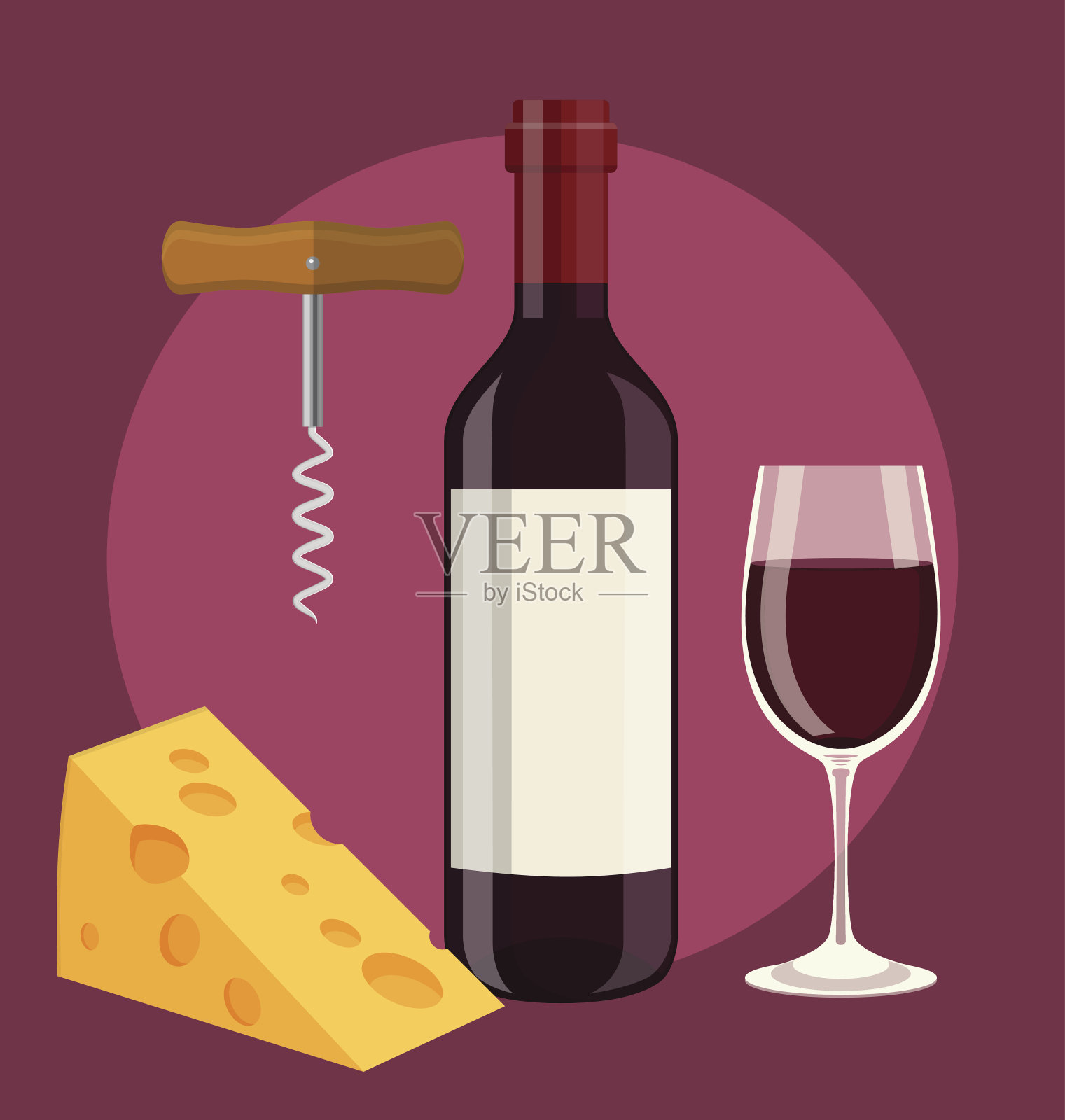 一瓶，一杯红酒，奶酪和开瓶器插画图片素材