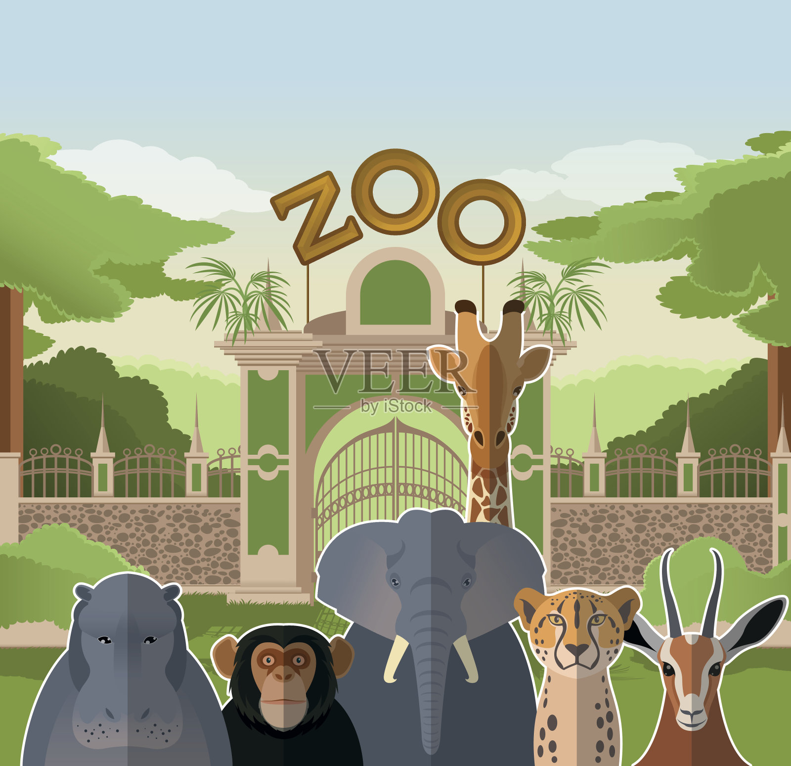 动物园大门与非洲扁动物插画图片素材