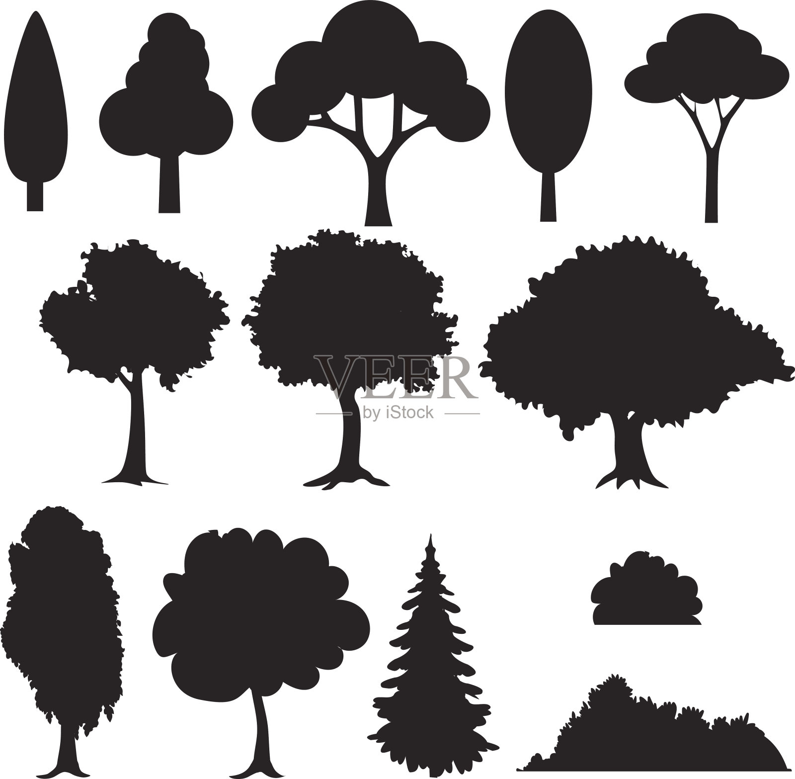 一组各种风格化的树木剪影。插画图片素材