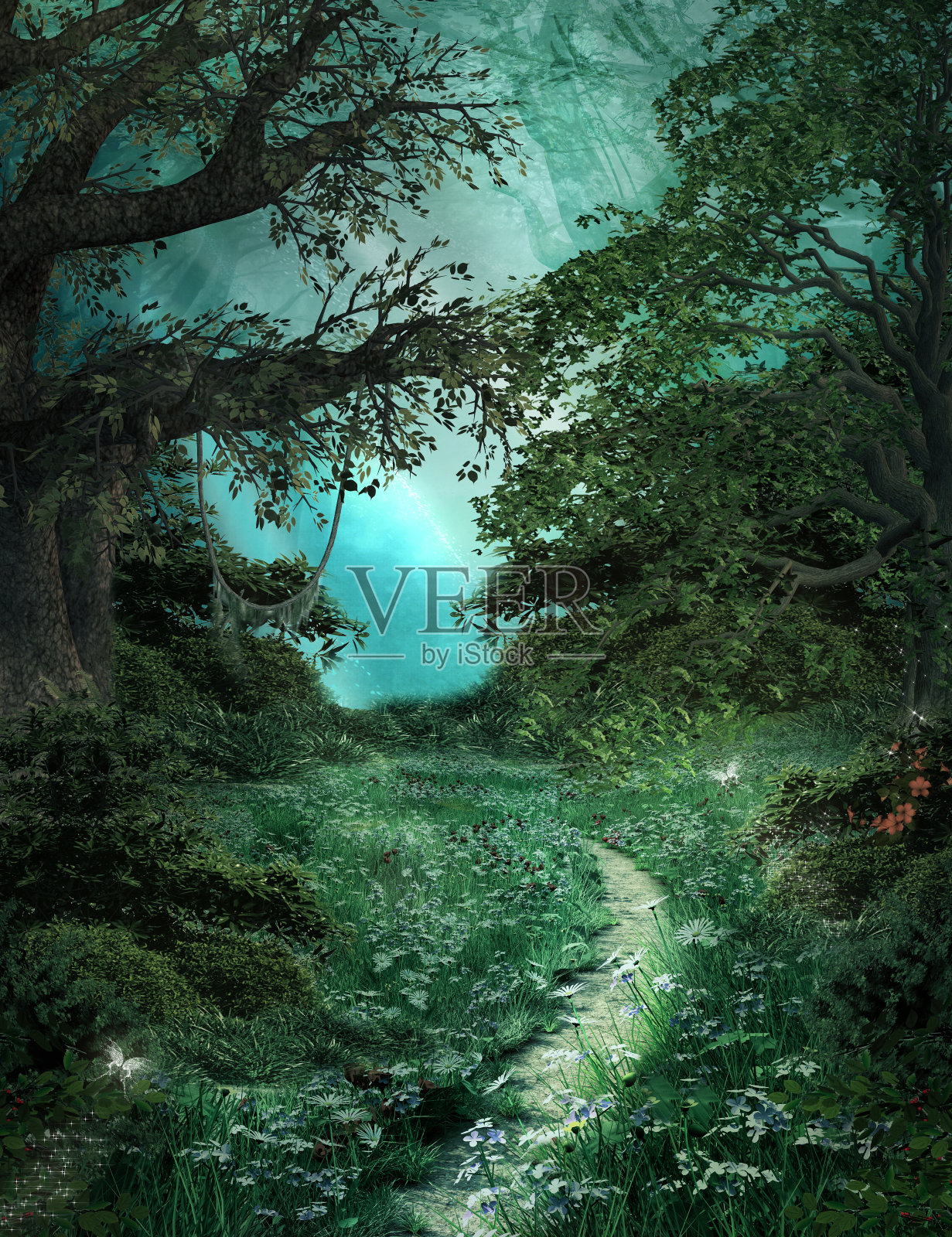 绿色魔法森林中的小路插画图片素材