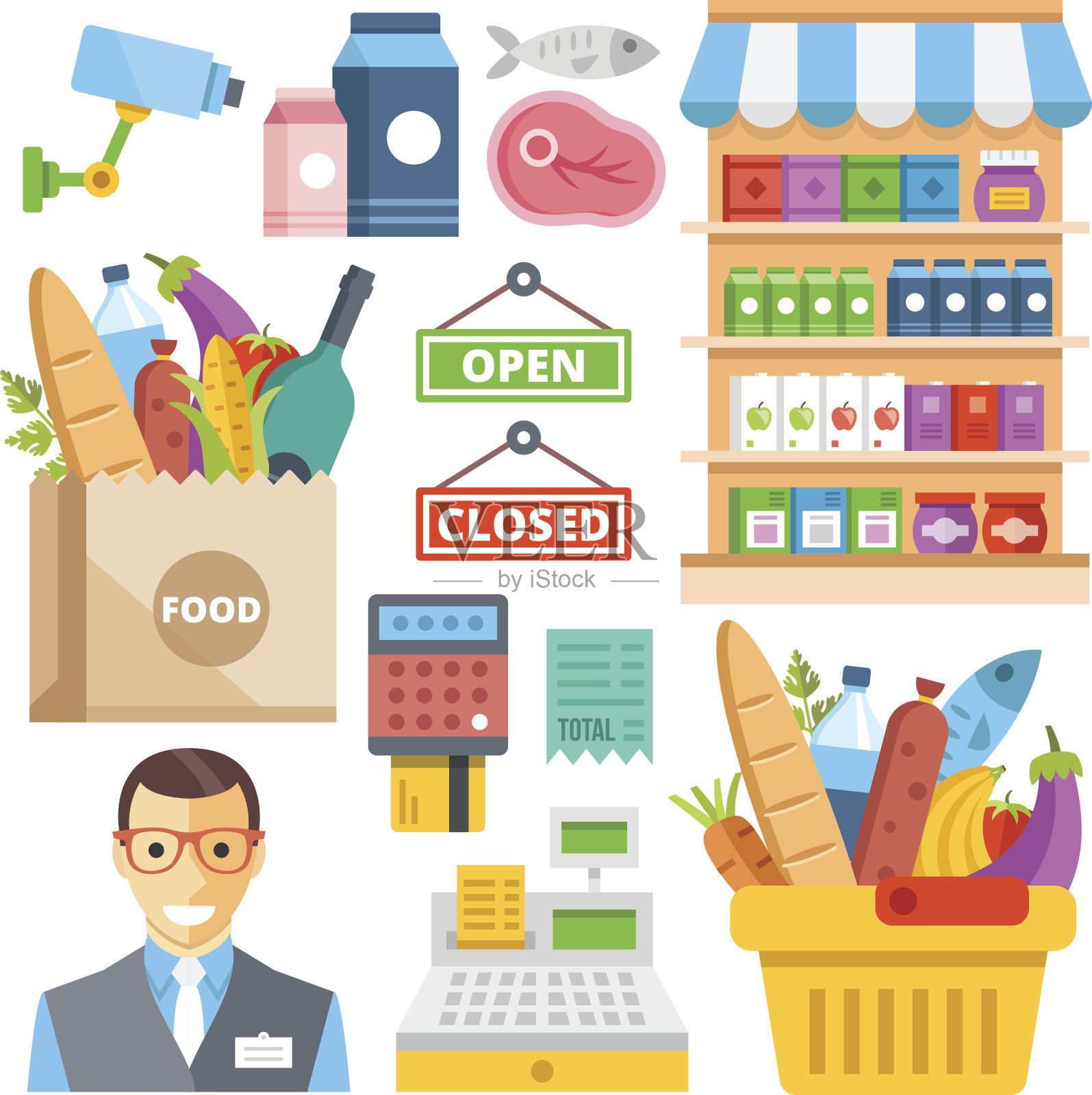 超市设备，食品分类，食品零售平面图标设置插画图片素材