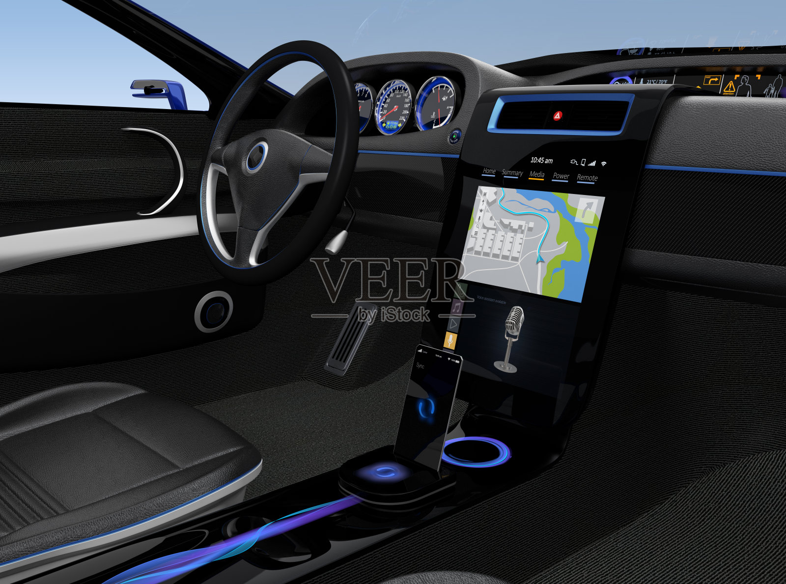 电动汽车控制台UI设计带有地图导航屏幕。照片摄影图片