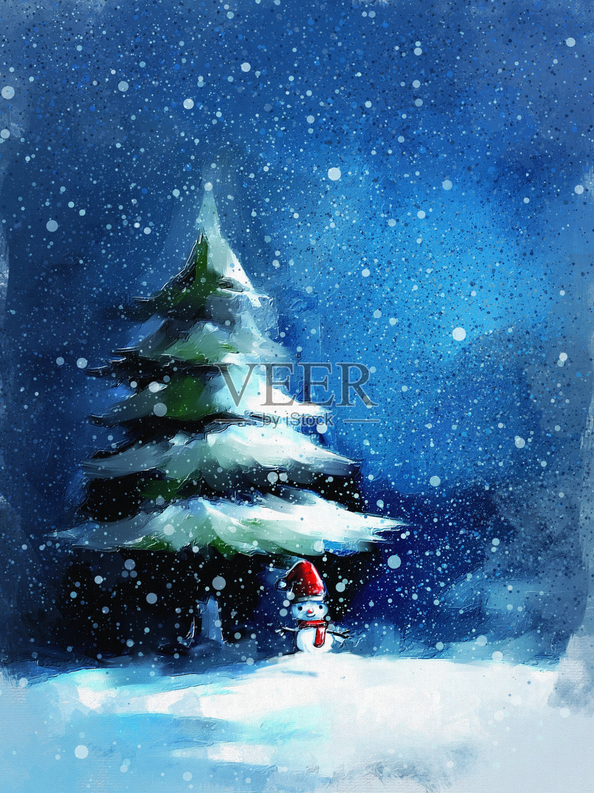 雪人和松树的数字绘画插画图片素材