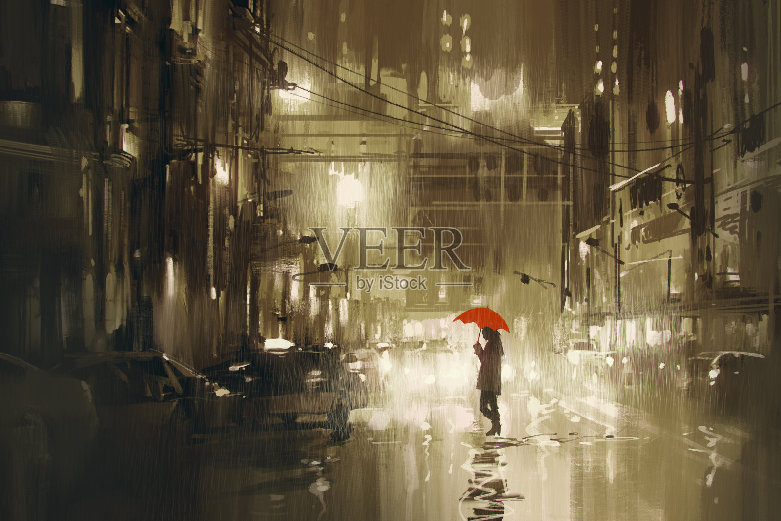 雨夜，女人撑着红伞过马路插画图片素材