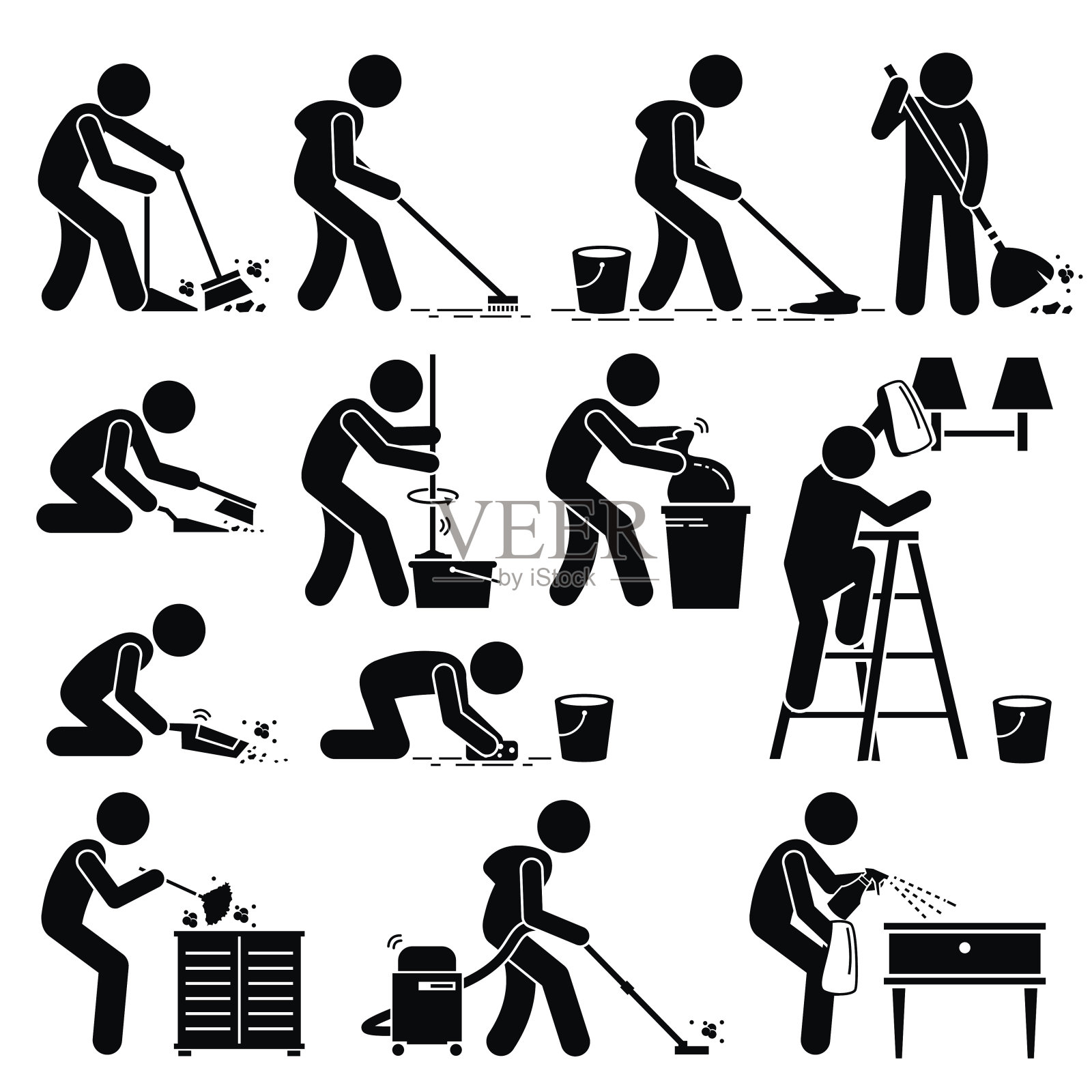 清洁工清洁和清洗房子的象形文字插画图片素材
