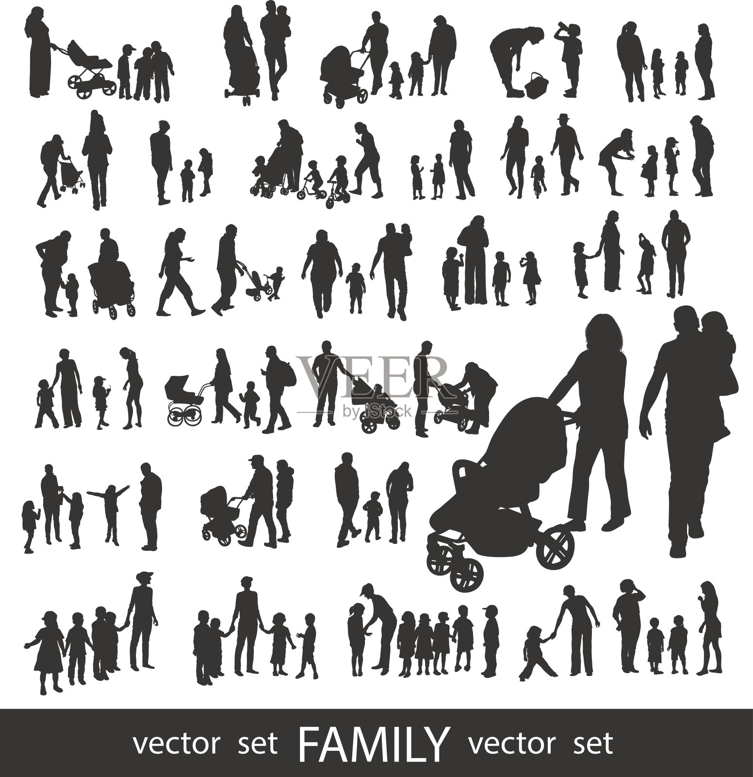 一套非常详细的家庭剪影。插画图片素材