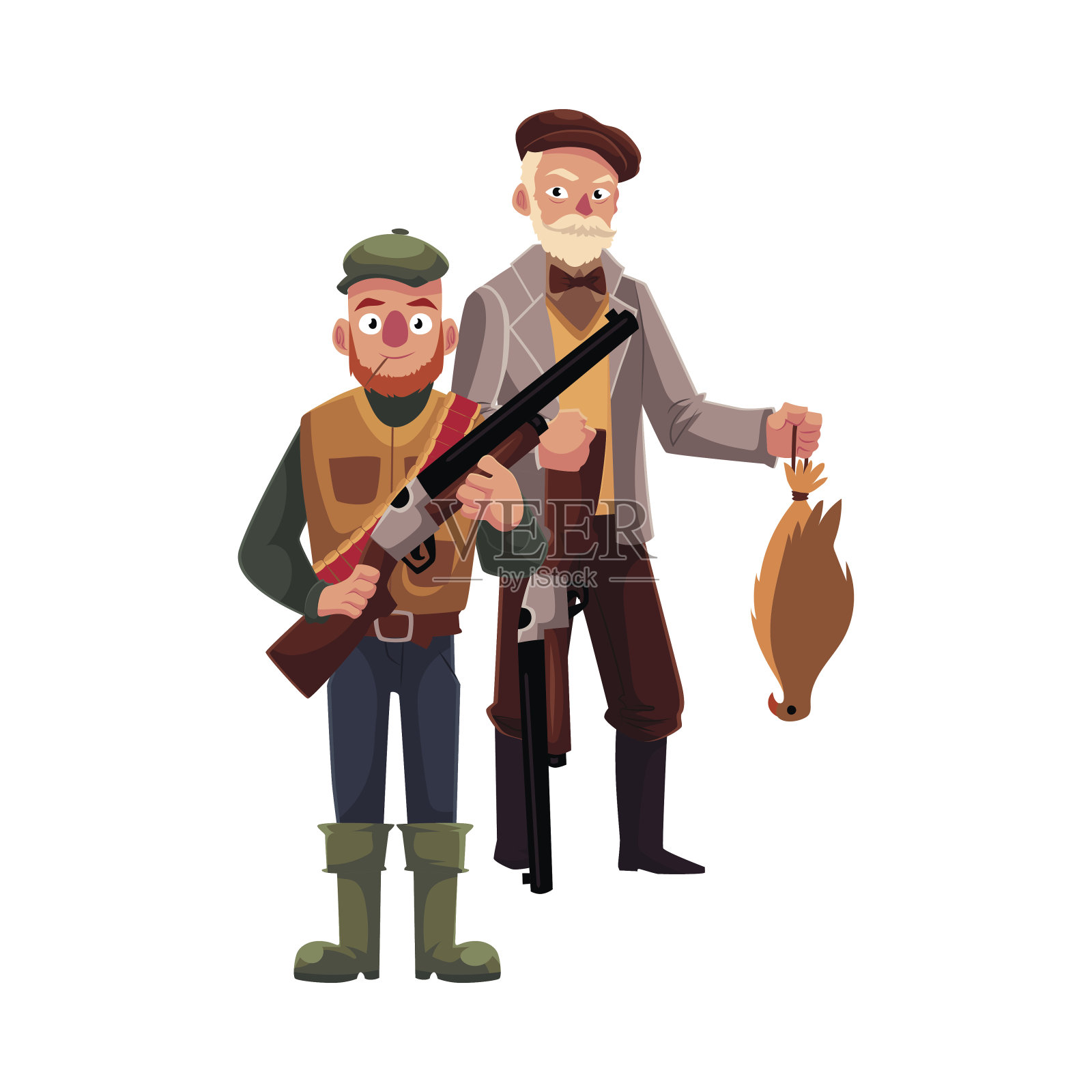 两个猎人，一个是现代的，另一个是带着猎鹰的老式绅士插画图片素材