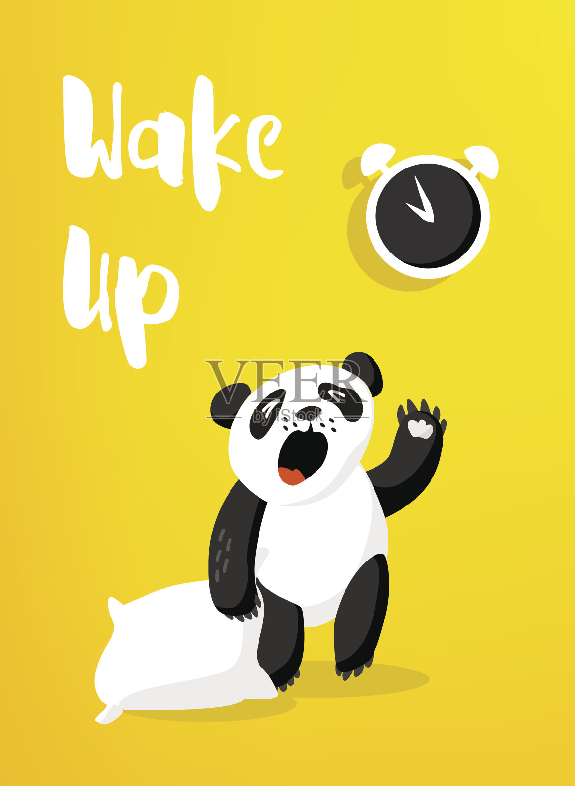 抱着枕头的卡通熊猫醒了。早上好卡。插画图片素材