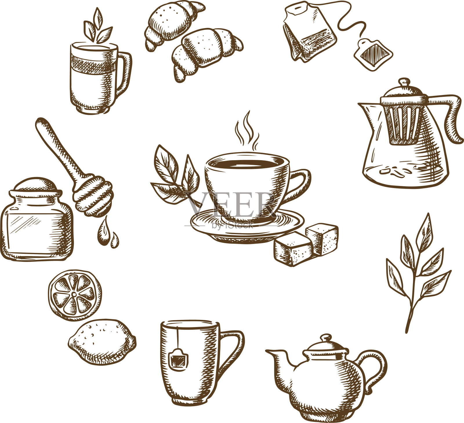 草本茶，甜点和面包素描图标插画图片素材
