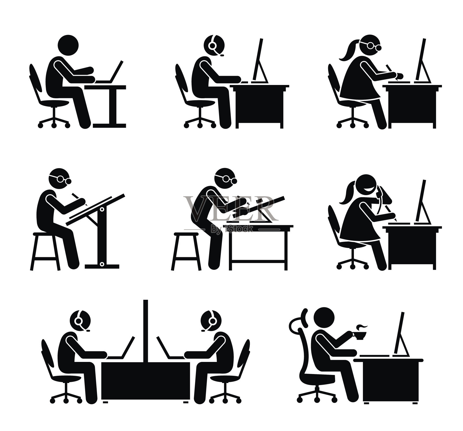 在办公室使用电脑和笔记本电脑的员工。插画图片素材