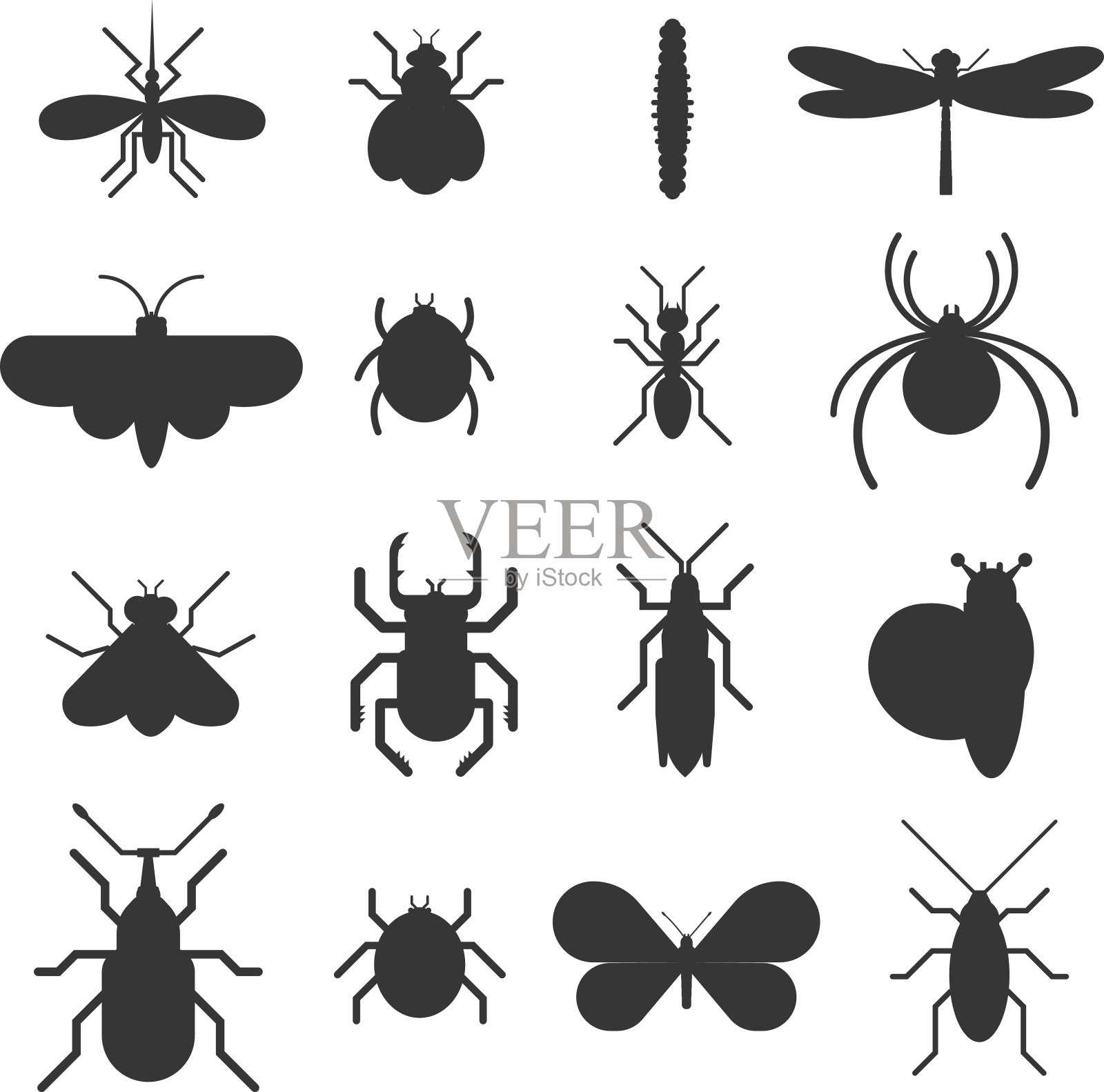 昆虫图标黑色剪影平面设置孤立的白色背景图标素材