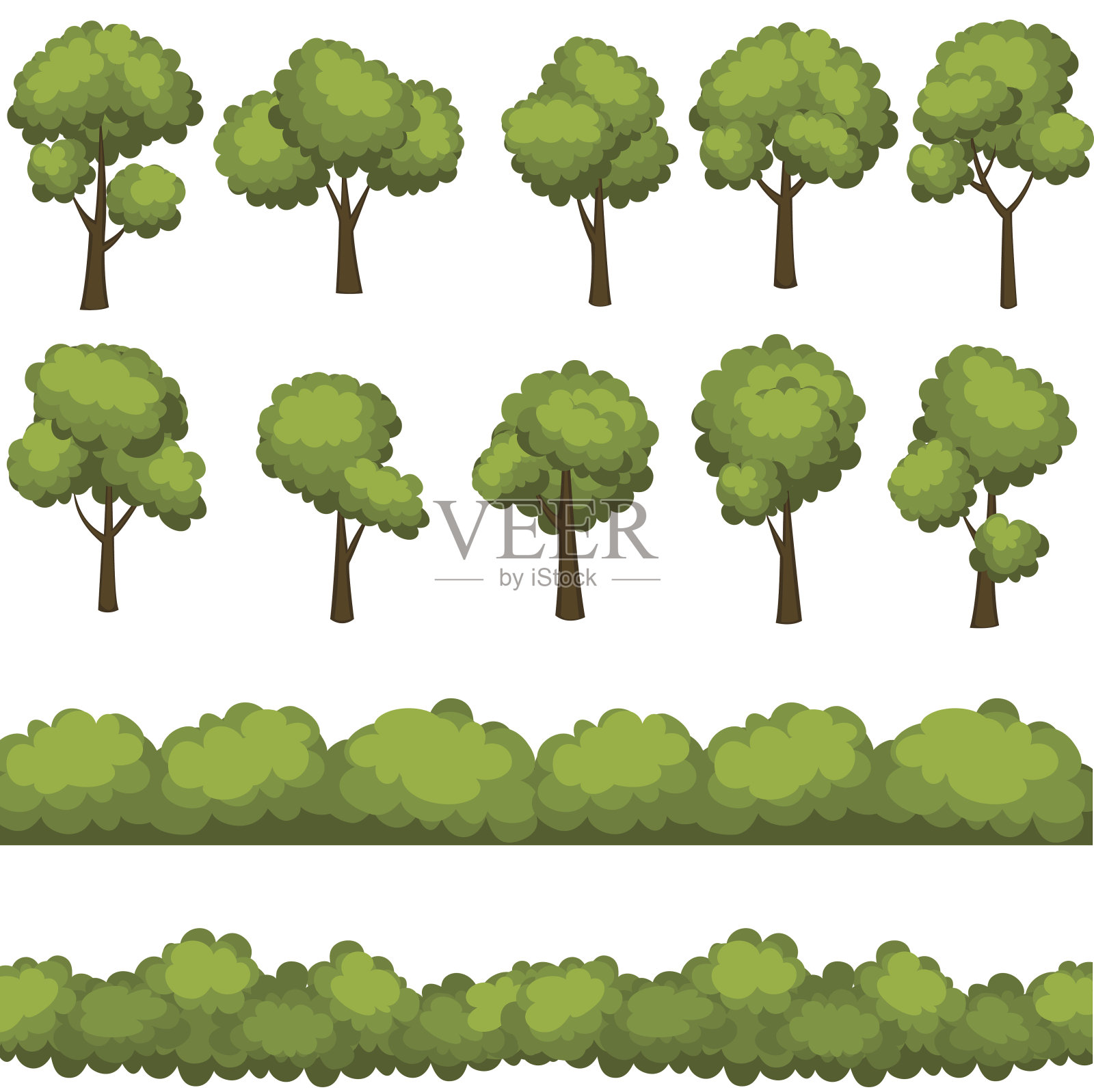 一组有趣的卡通树和绿色的灌木丛。矢量插图。插画图片素材