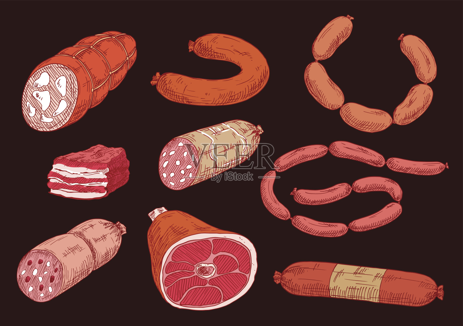 香肠，火腿，培根为食品设计，素描风格插画图片素材
