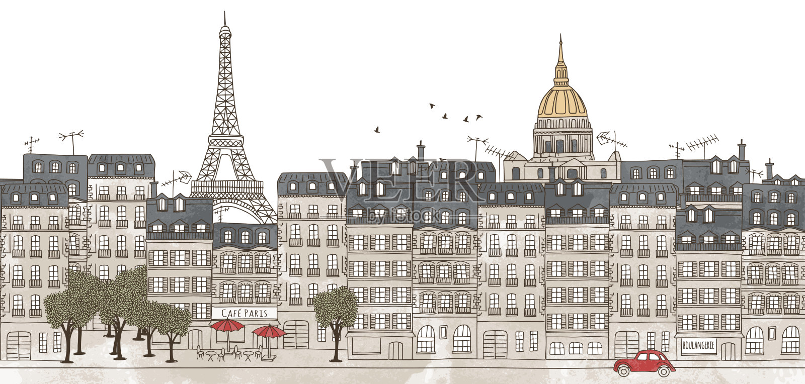 法国巴黎——巴黎天际线的无缝旗帜插画图片素材