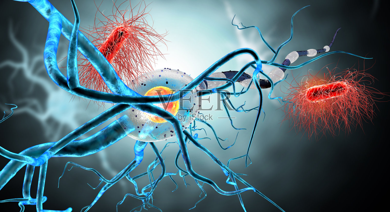 神经细胞和病毒的3d插图插画图片素材