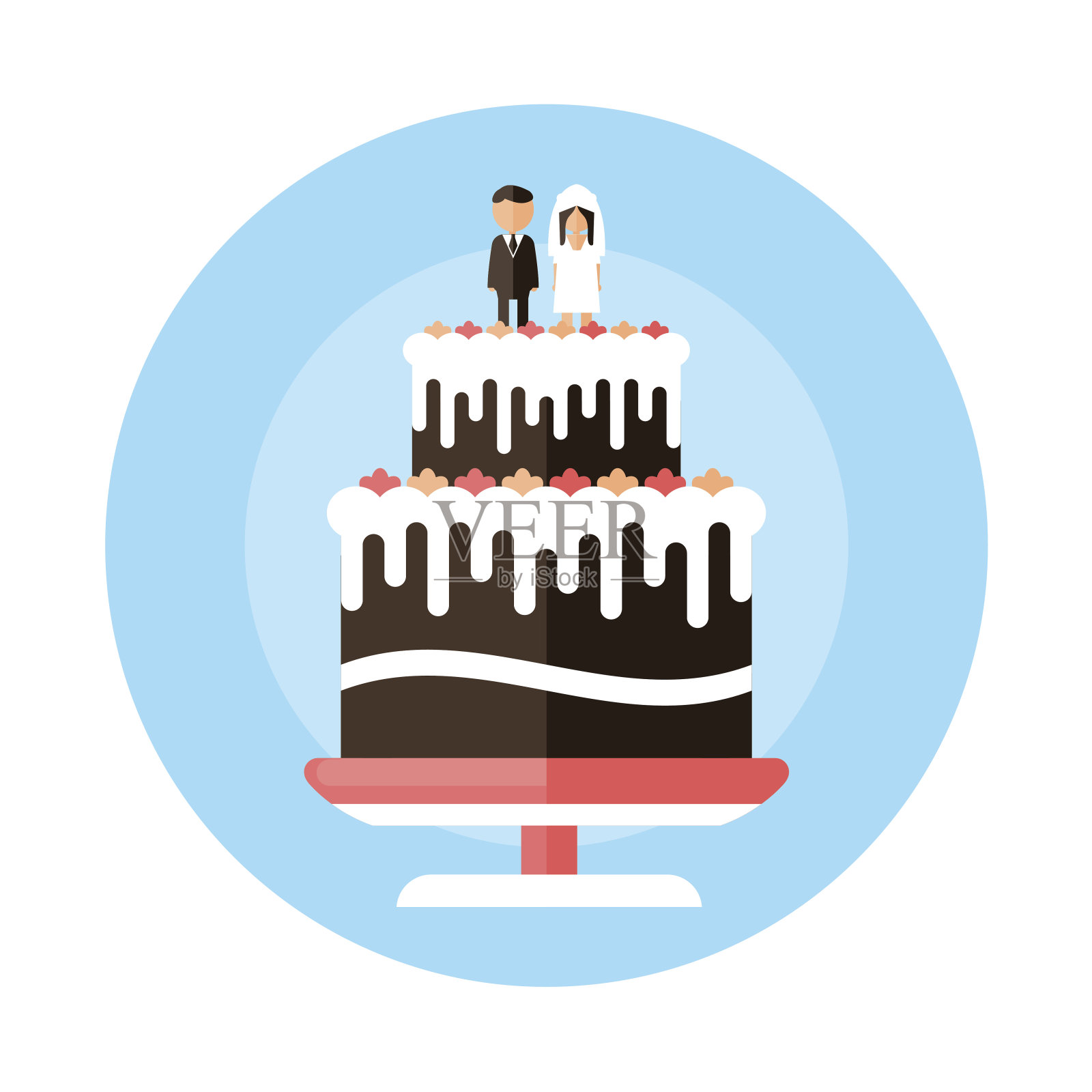婚礼蛋糕与雕像的新婚夫妇扁平图标插画图片素材