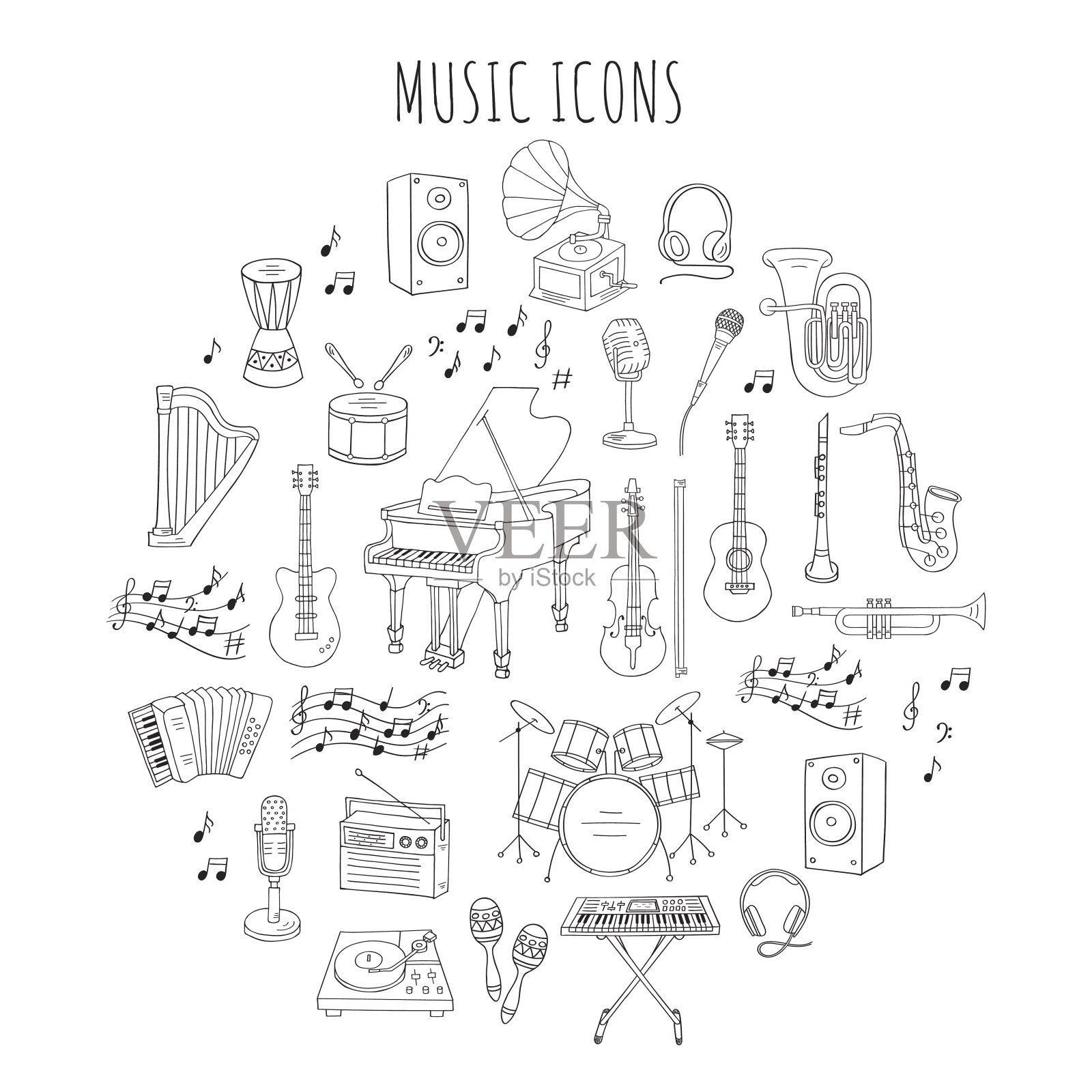 乐器和符号矢量插图。插画图片素材