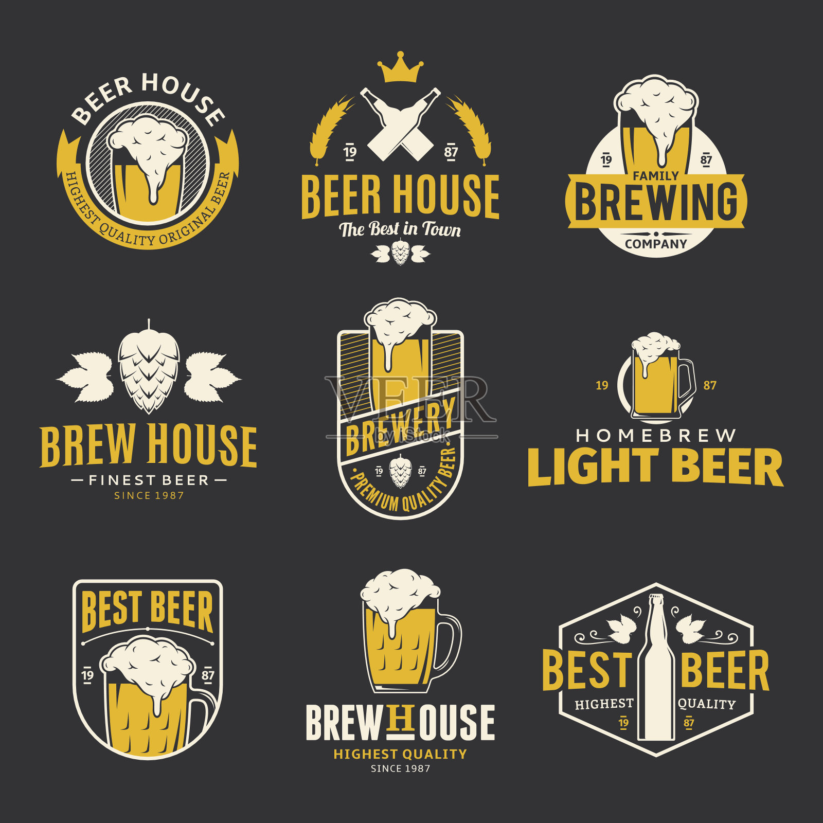 矢量颜色啤酒标签，图标和设计元素插画图片素材