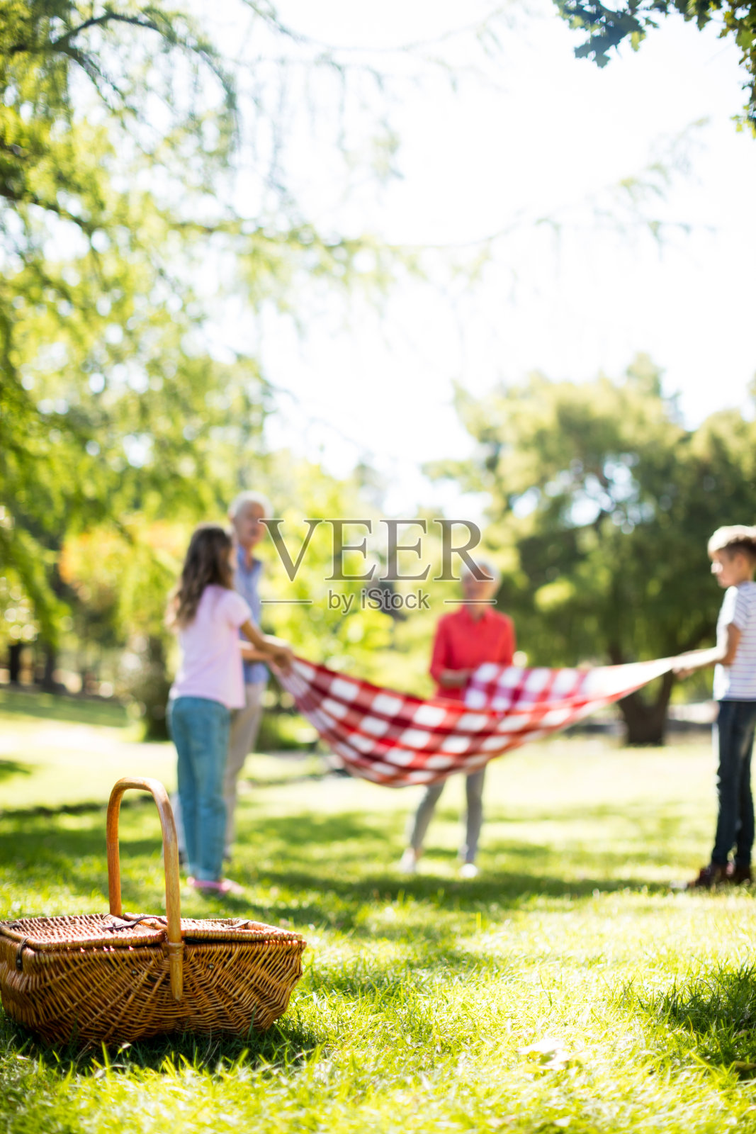 一家人在公园里铺毯子照片摄影图片