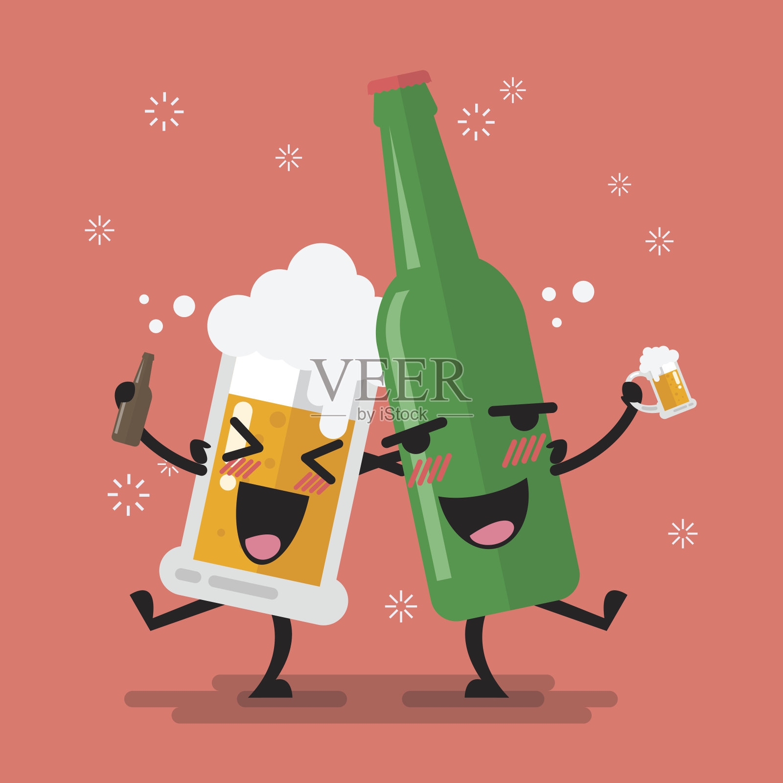 喝过的啤酒杯和酒瓶的特点插画图片素材