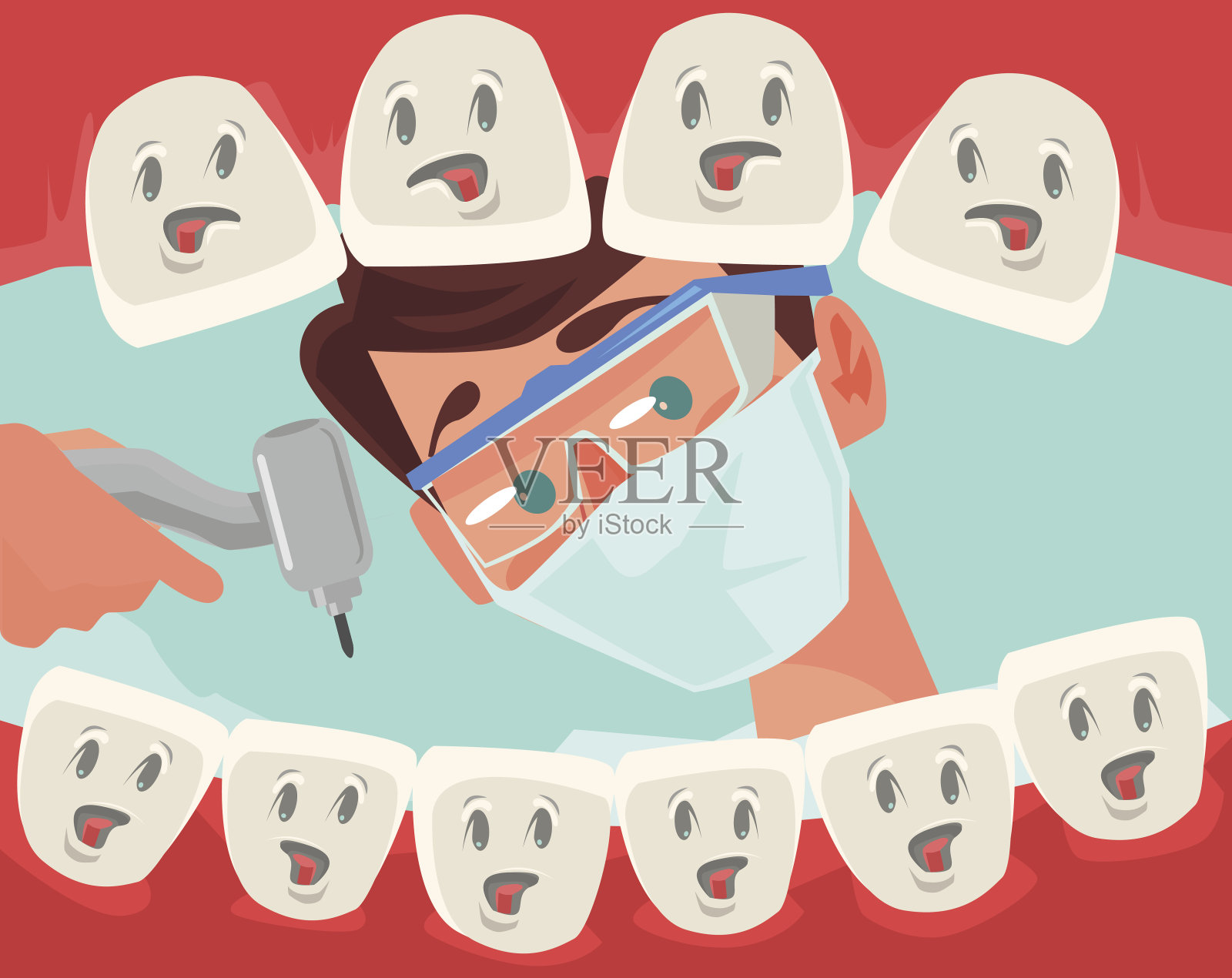 牙医角色看着病人张开的嘴巴插画图片素材