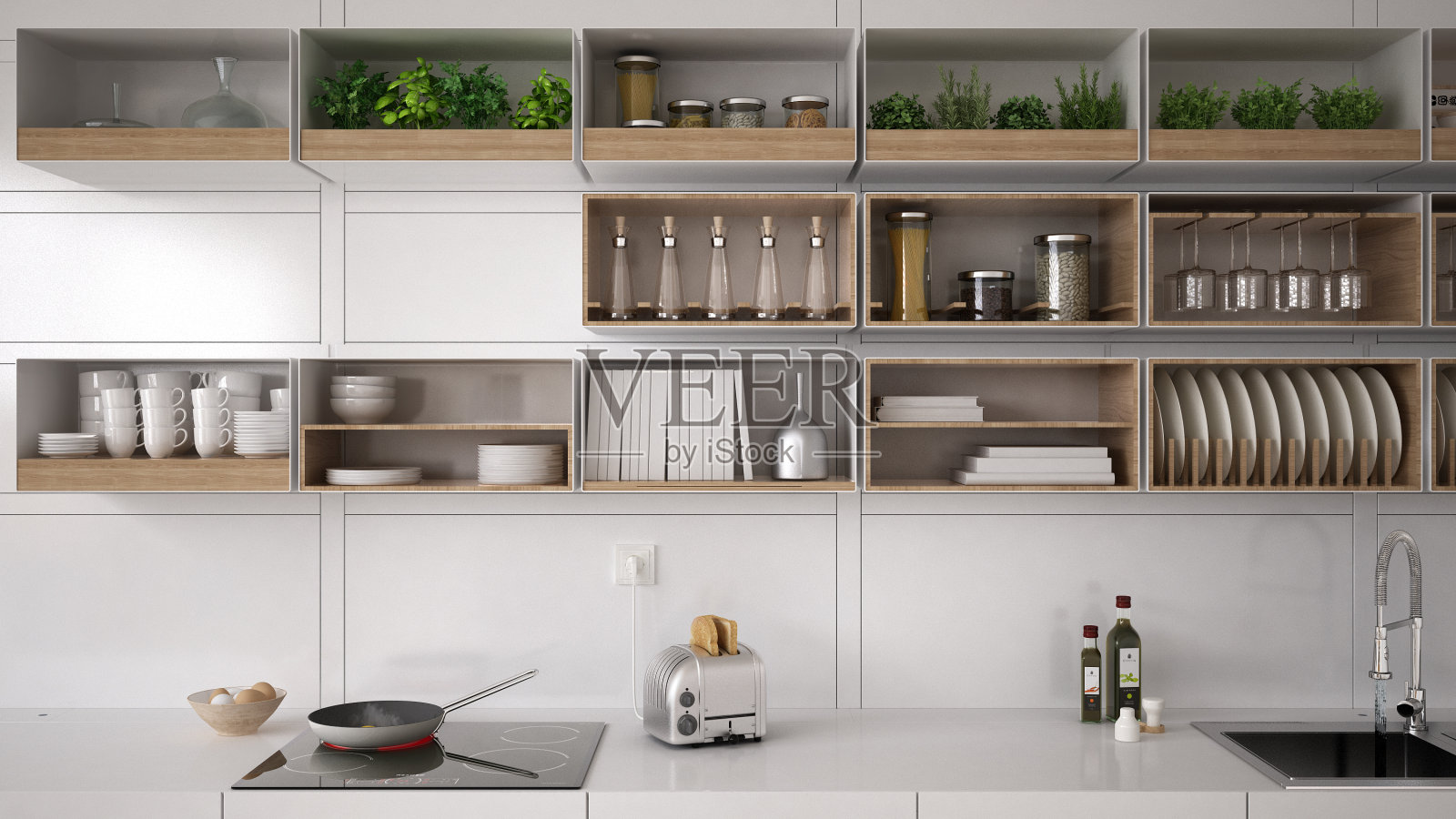 斯堪的纳维亚白色厨房，搁架系统，简约的室内设计照片摄影图片