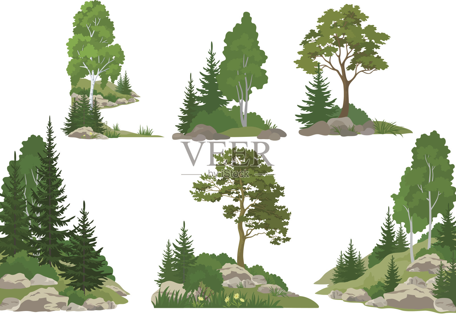树木和岩石景观插画图片素材