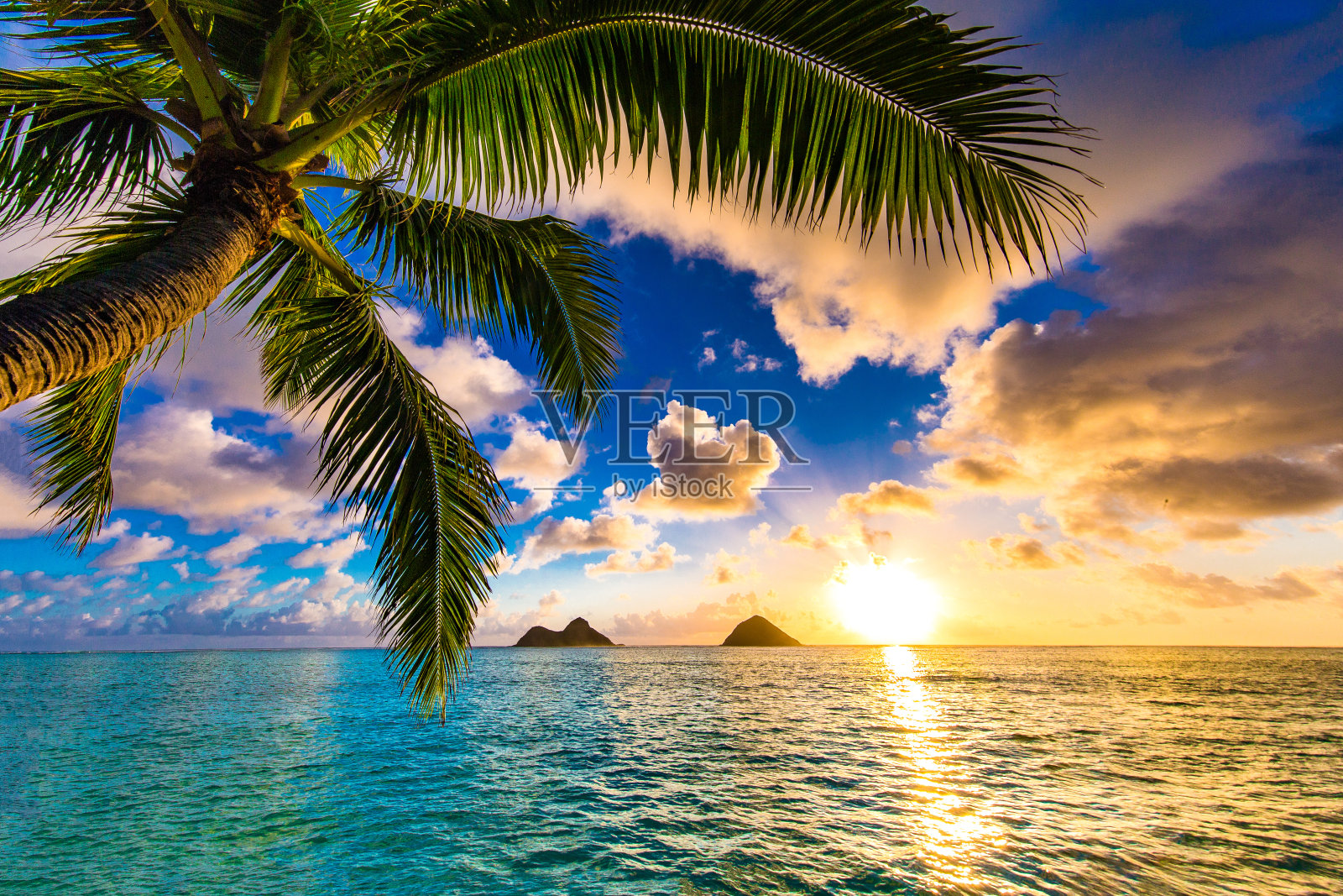 美丽的日出在夏威夷凯卢阿的拉尼凯海滩照片摄影图片