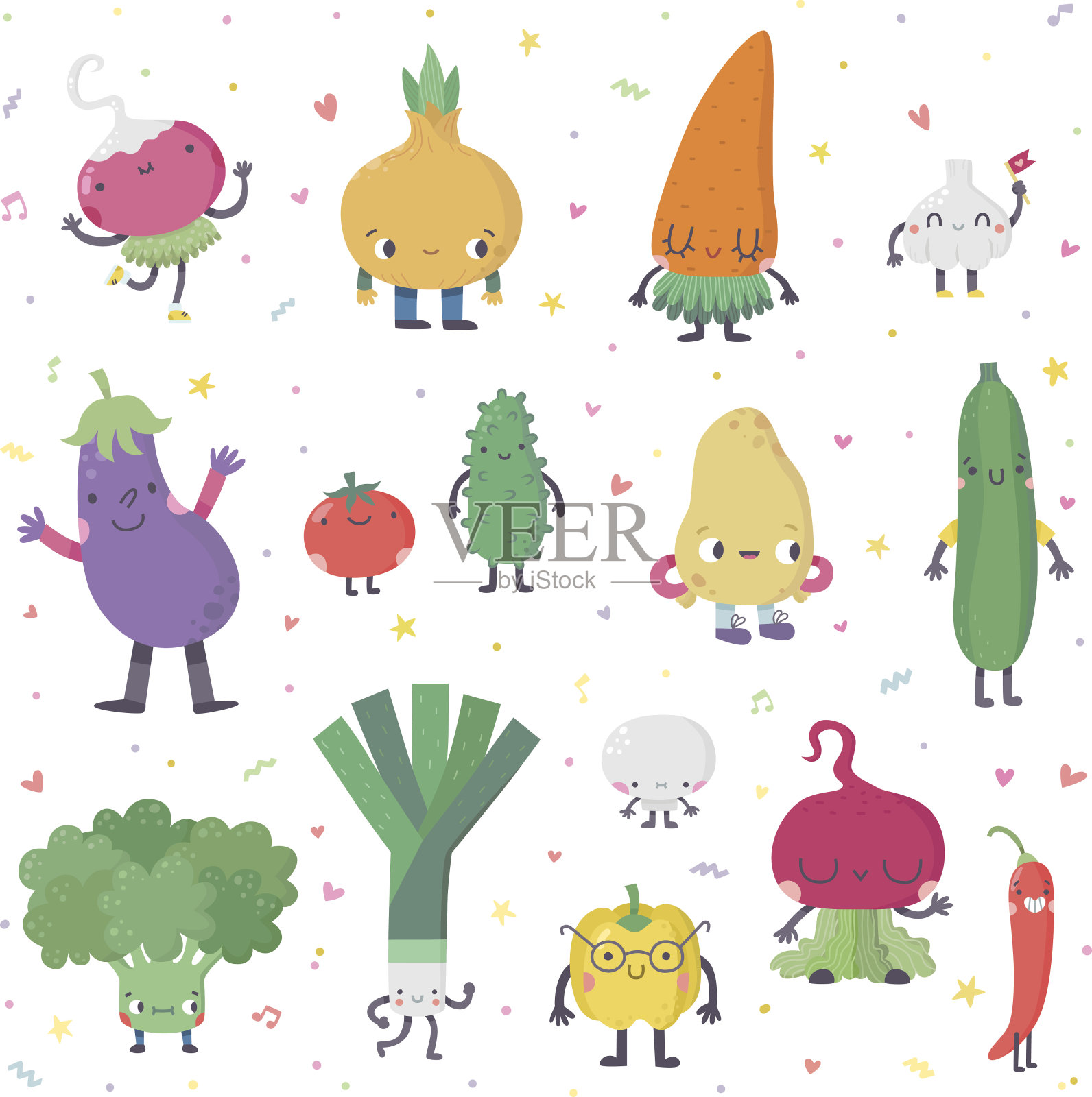 可爱的卡通活蔬菜向量设置在漂亮的颜色。设计元素图片