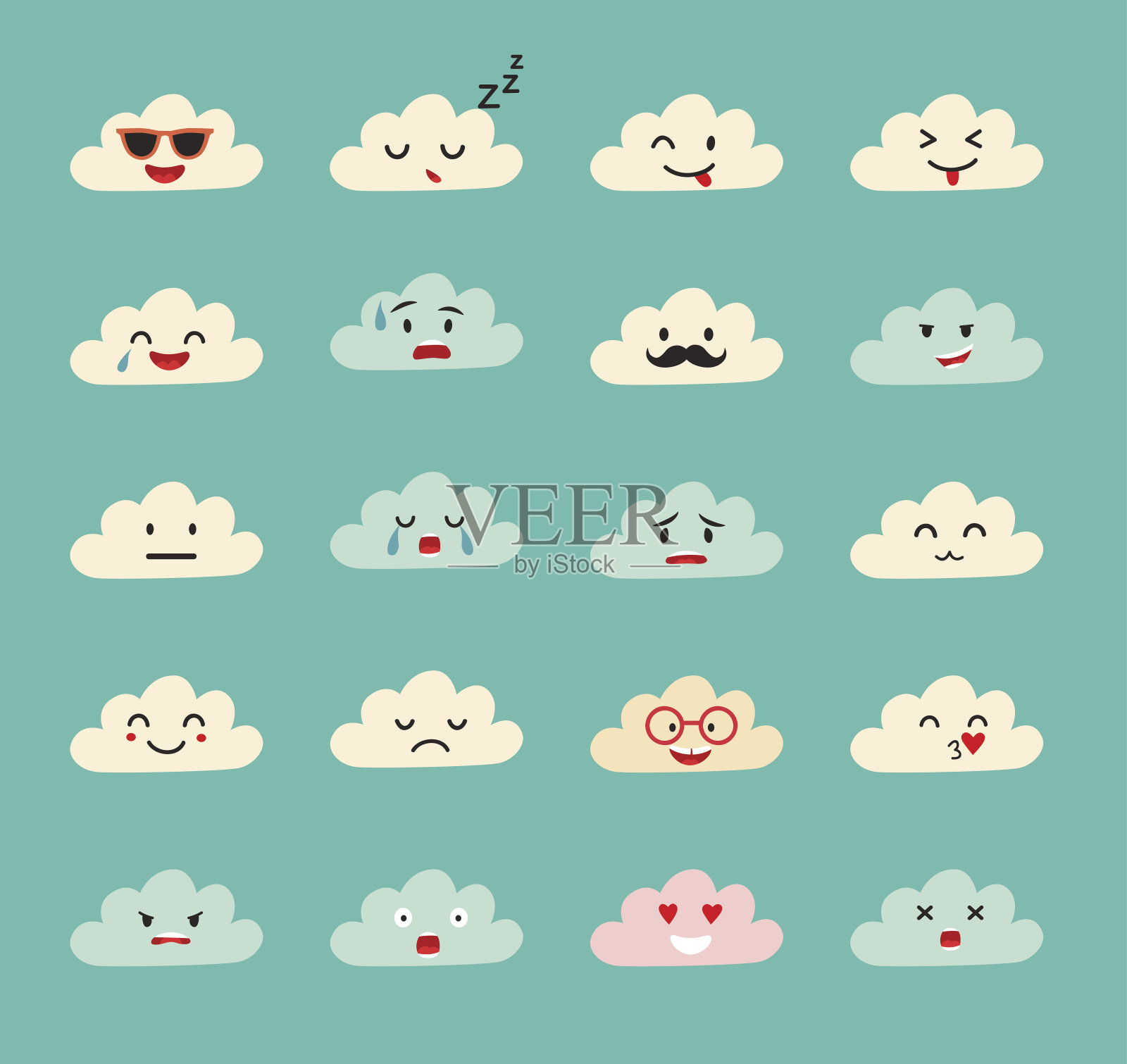 Emoji云向量。可爱的微笑云与面向量集插画图片素材