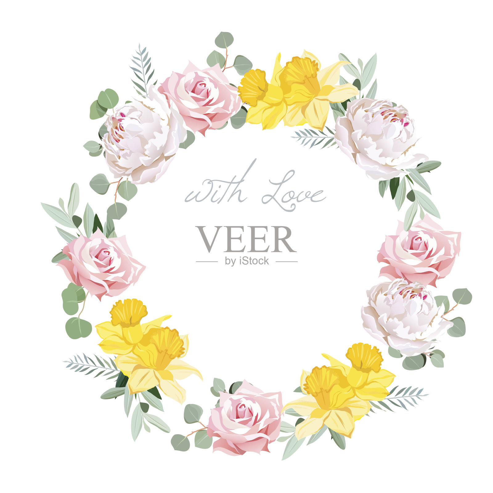 春天娇嫩的白色牡丹，粉色玫瑰，黄色水仙花和杜鹃花插画图片素材