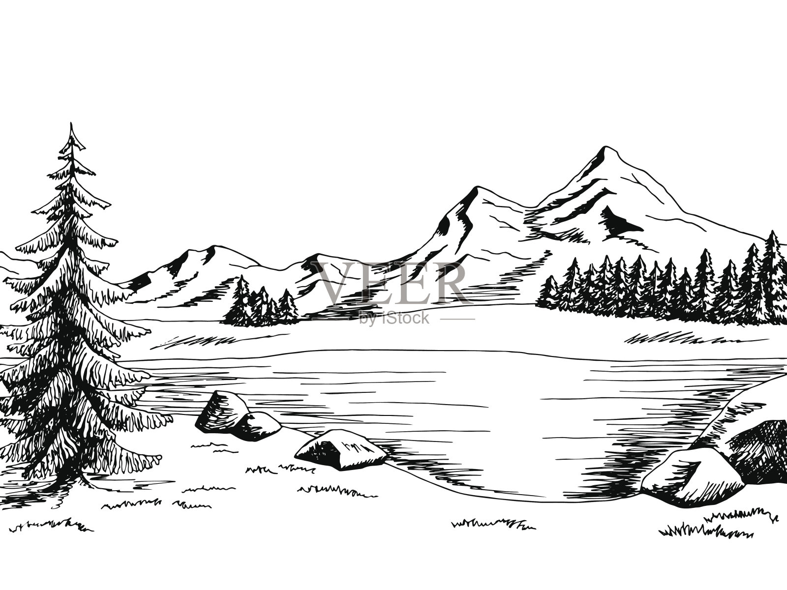 山湖图形艺术黑白景观插画矢量设计元素图片