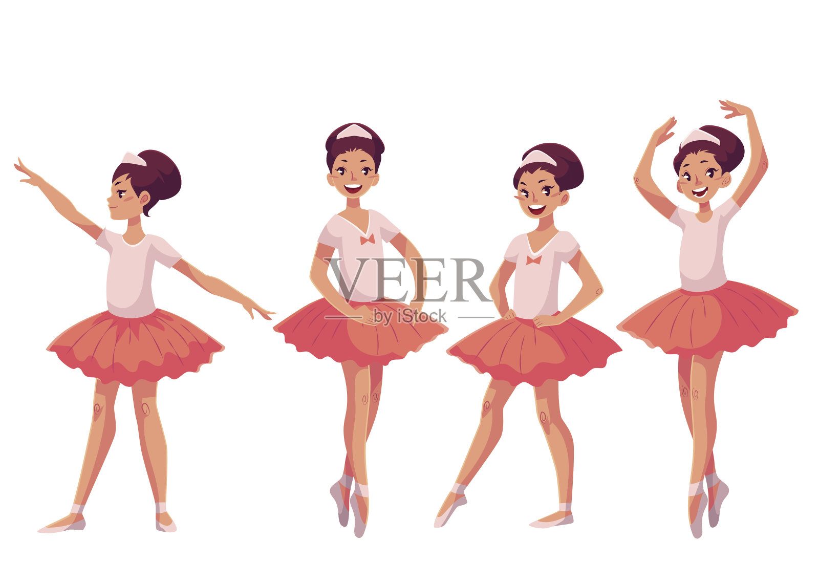 一组穿着粉红色芭蕾舞裙的优雅漂亮的年轻芭蕾舞者插画图片素材
