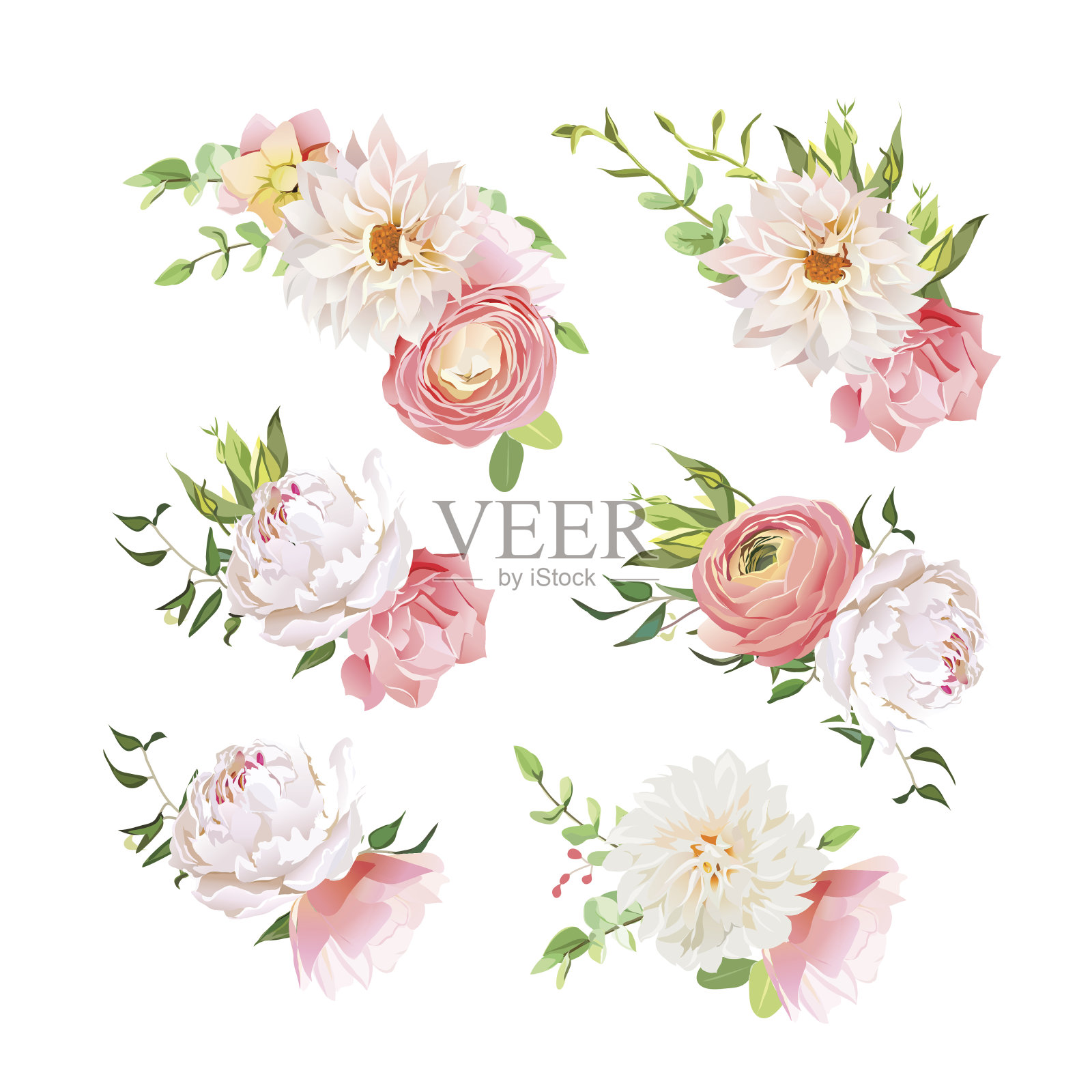 夏日小束玫瑰，牡丹，毛茛，大丽花，康乃馨设计元素图片