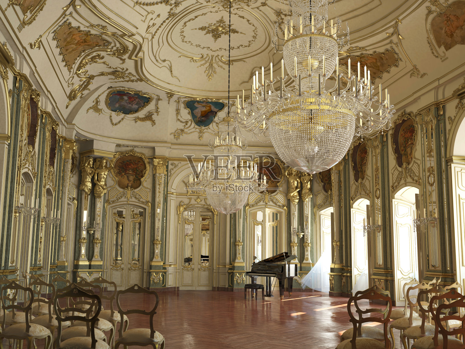 宏伟的装饰华丽的大型钢琴音乐厅。照片摄影图片