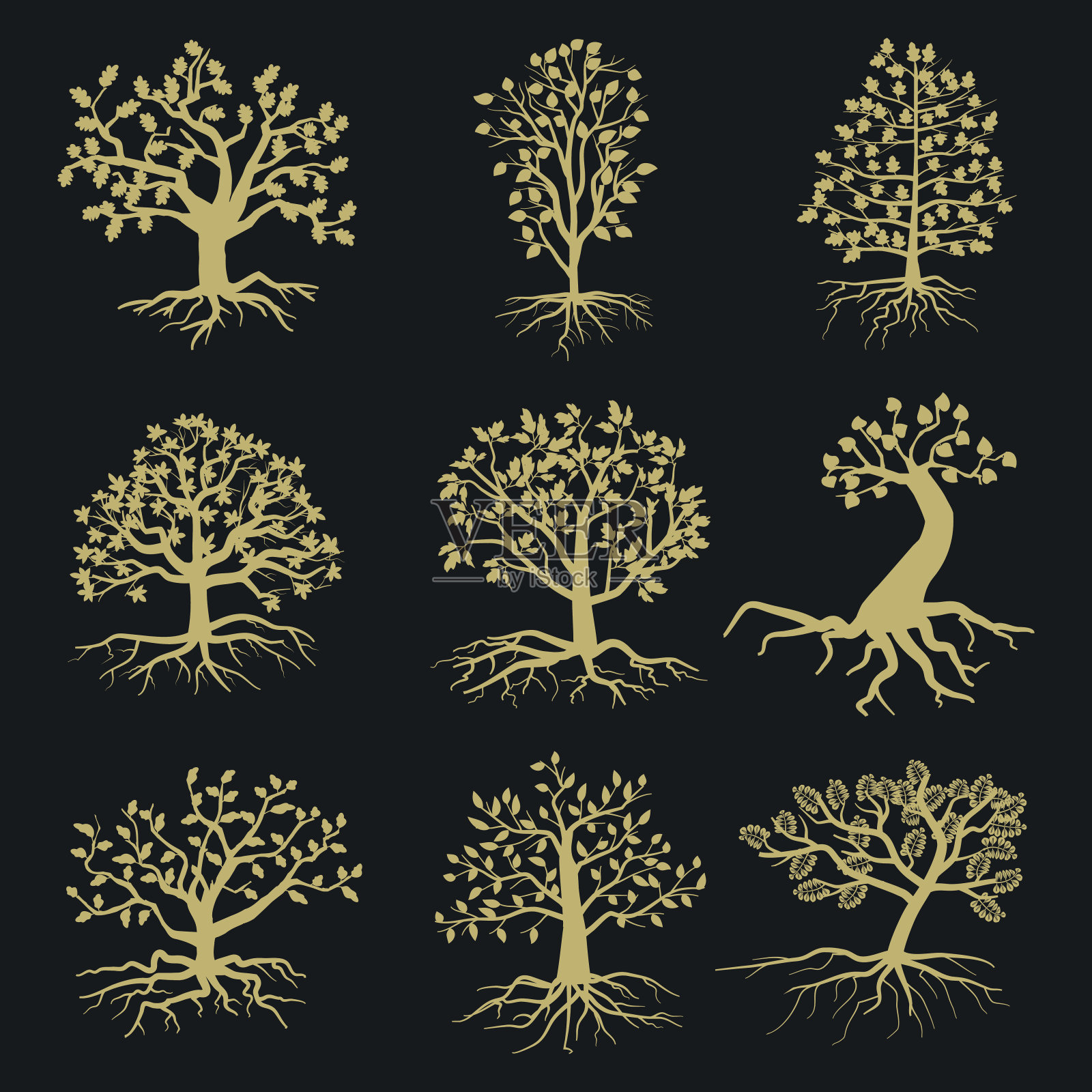 黑色向量树剪影与叶和根插画图片素材