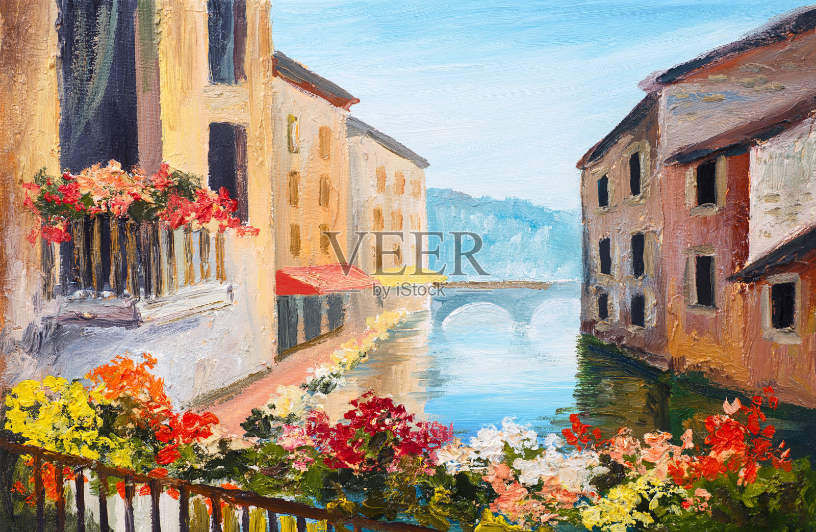 油画，意大利威尼斯运河，著名旅游胜地，色彩丰富插画图片素材