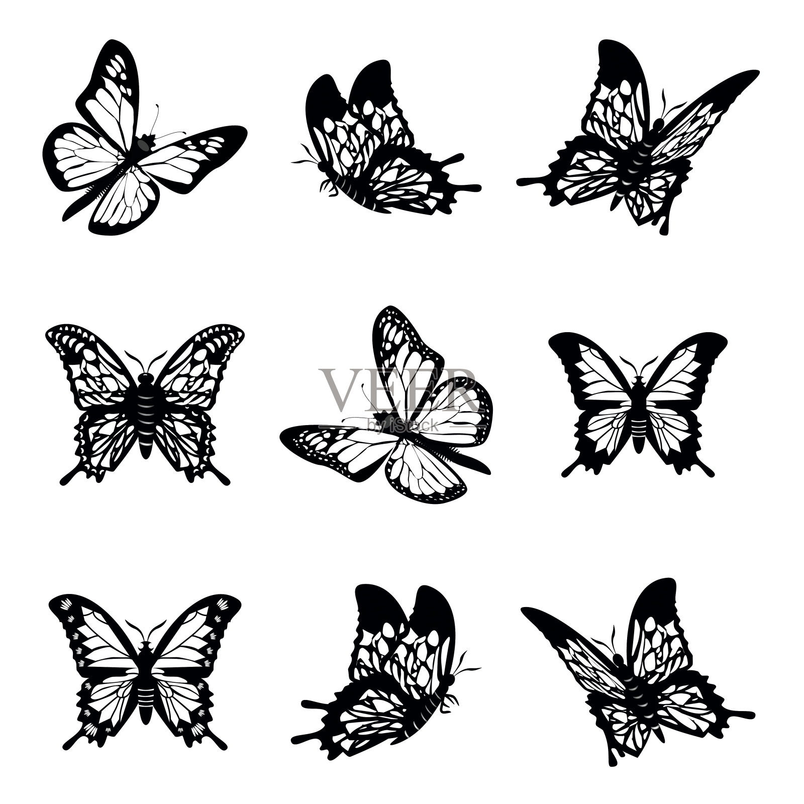 蝴蝶的剪影图标设置矢量插图。设计元素图片