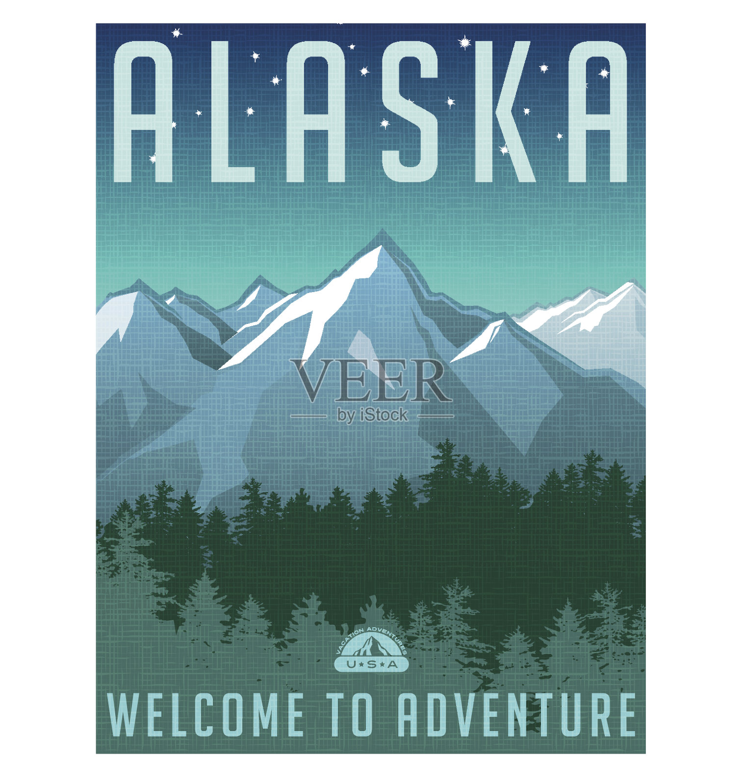 阿拉斯加旅行海报。矢量插图的风景雪山景观和傍晚的天空。设计模板素材