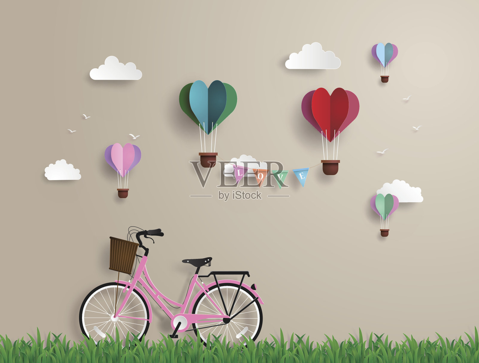 草地上停着粉红色的自行车插画图片素材
