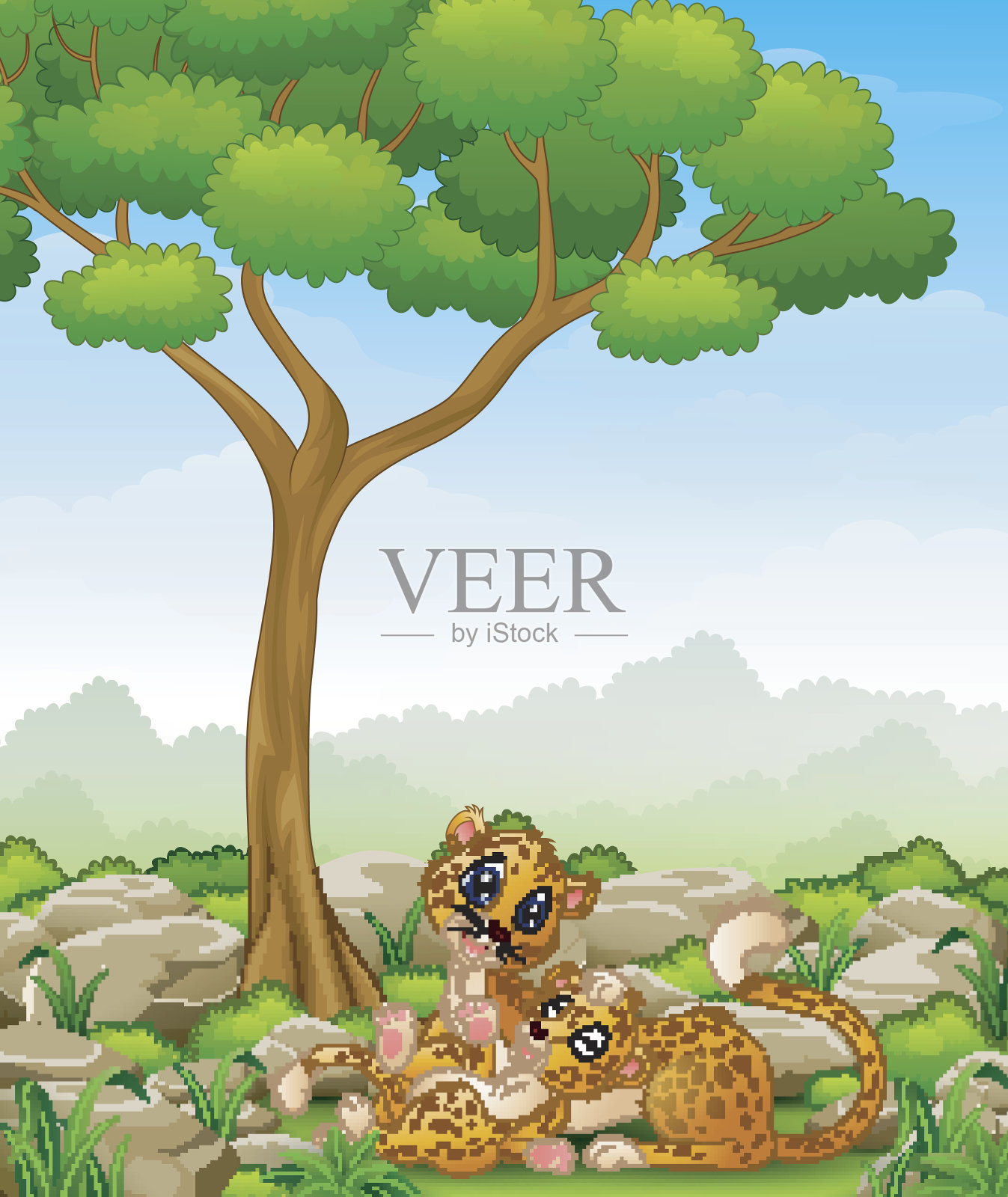 卡通成年猎豹和幼猎豹在丛林里插画图片素材
