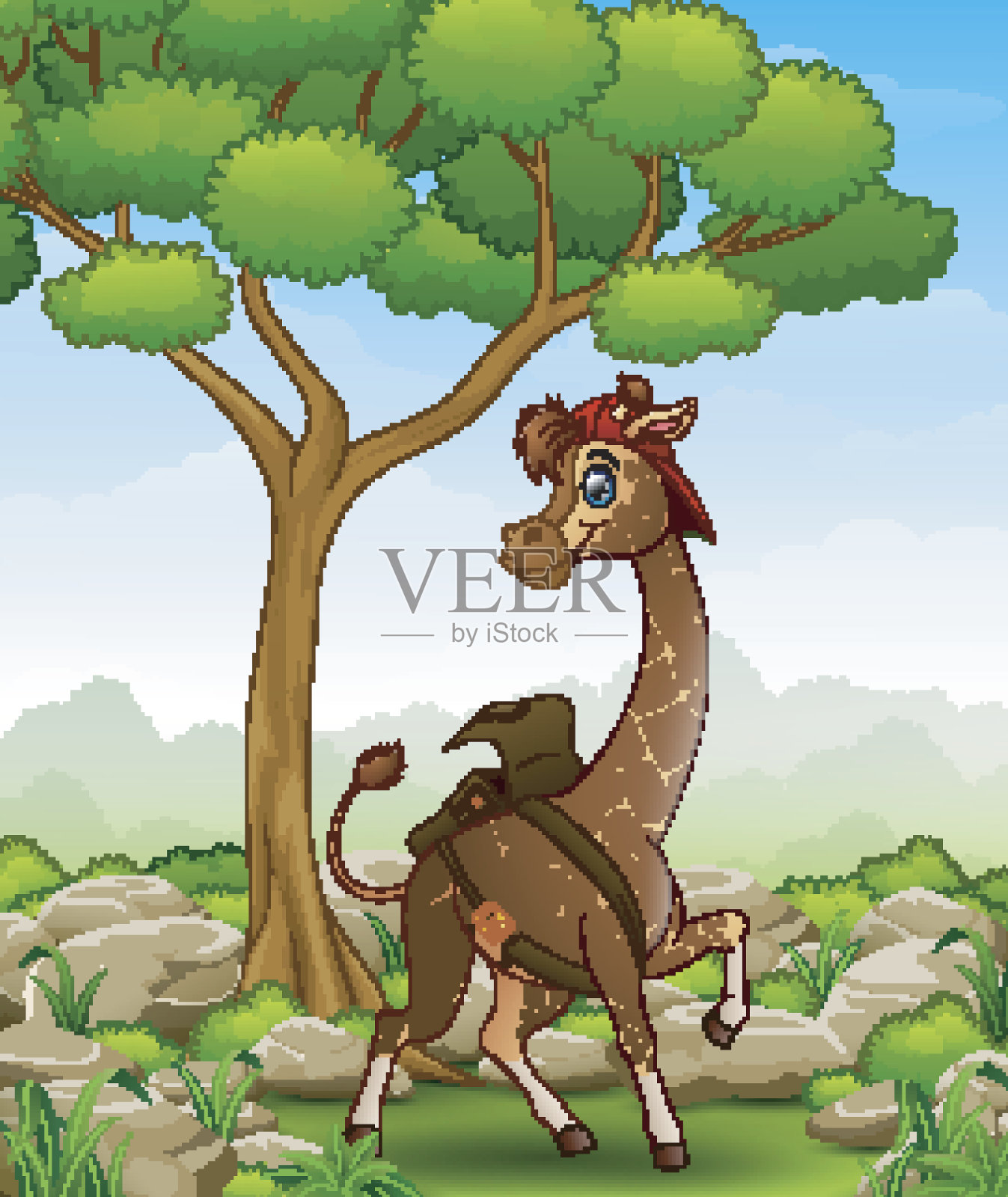 卡通长颈鹿在一个袋子和帽子在丛林插画图片素材