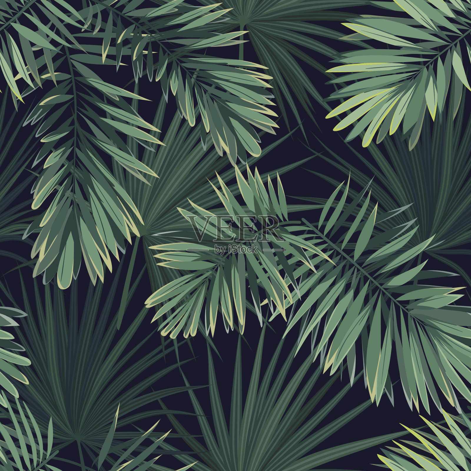 深色热带背景与丛林植物。无缝矢量热带模式与绿色凤凰棕榈叶插画图片素材