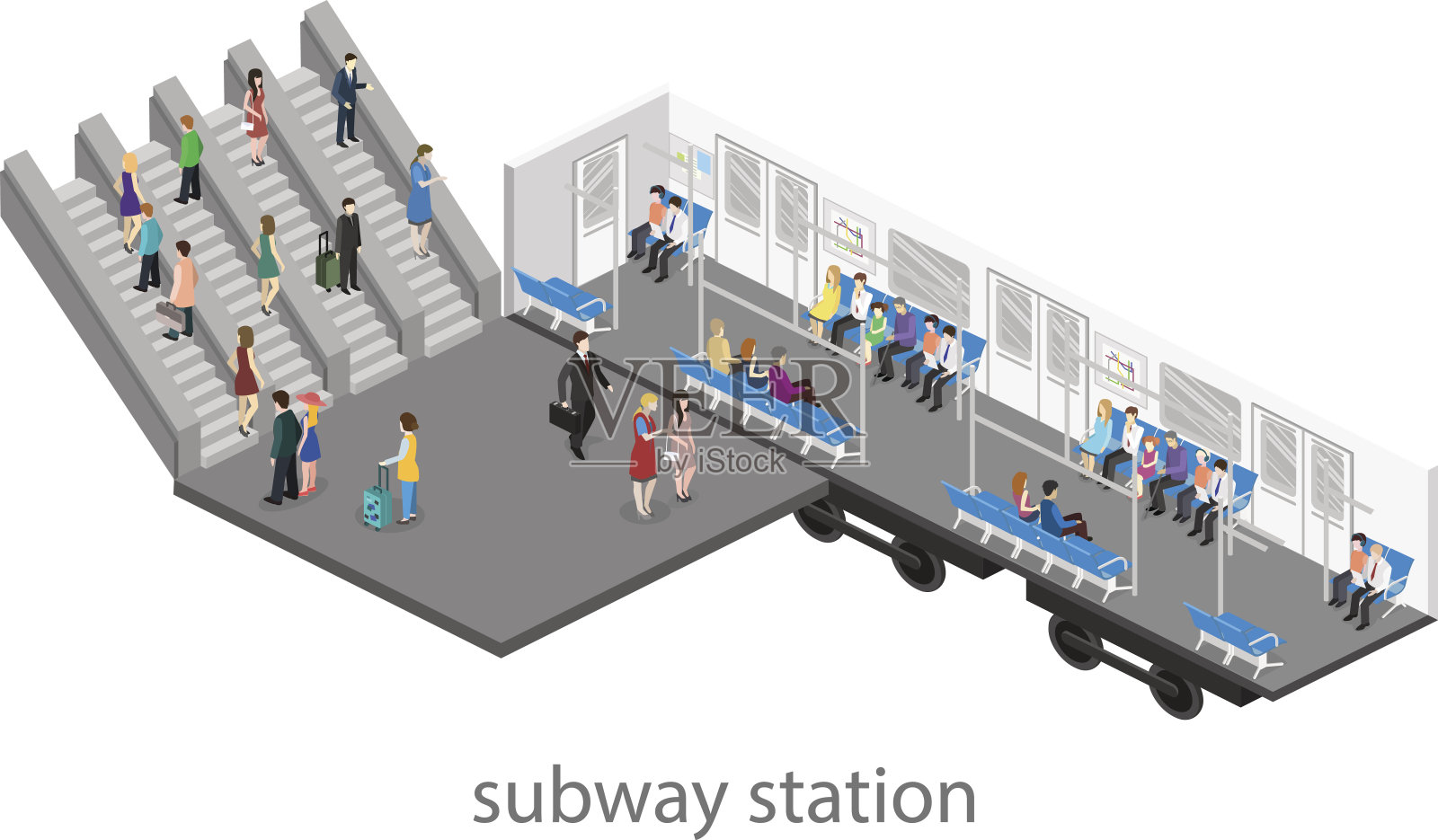 地铁车厢内部的等距平面三维概念向量。插画图片素材