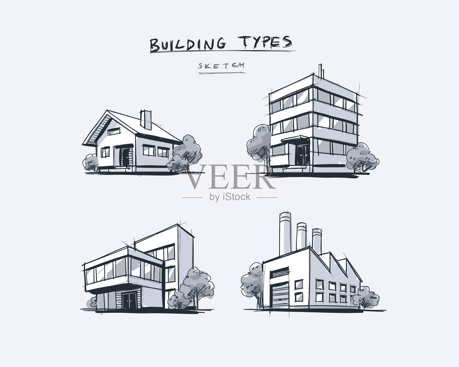 四种建筑类型手绘卡通插图设计元素图片