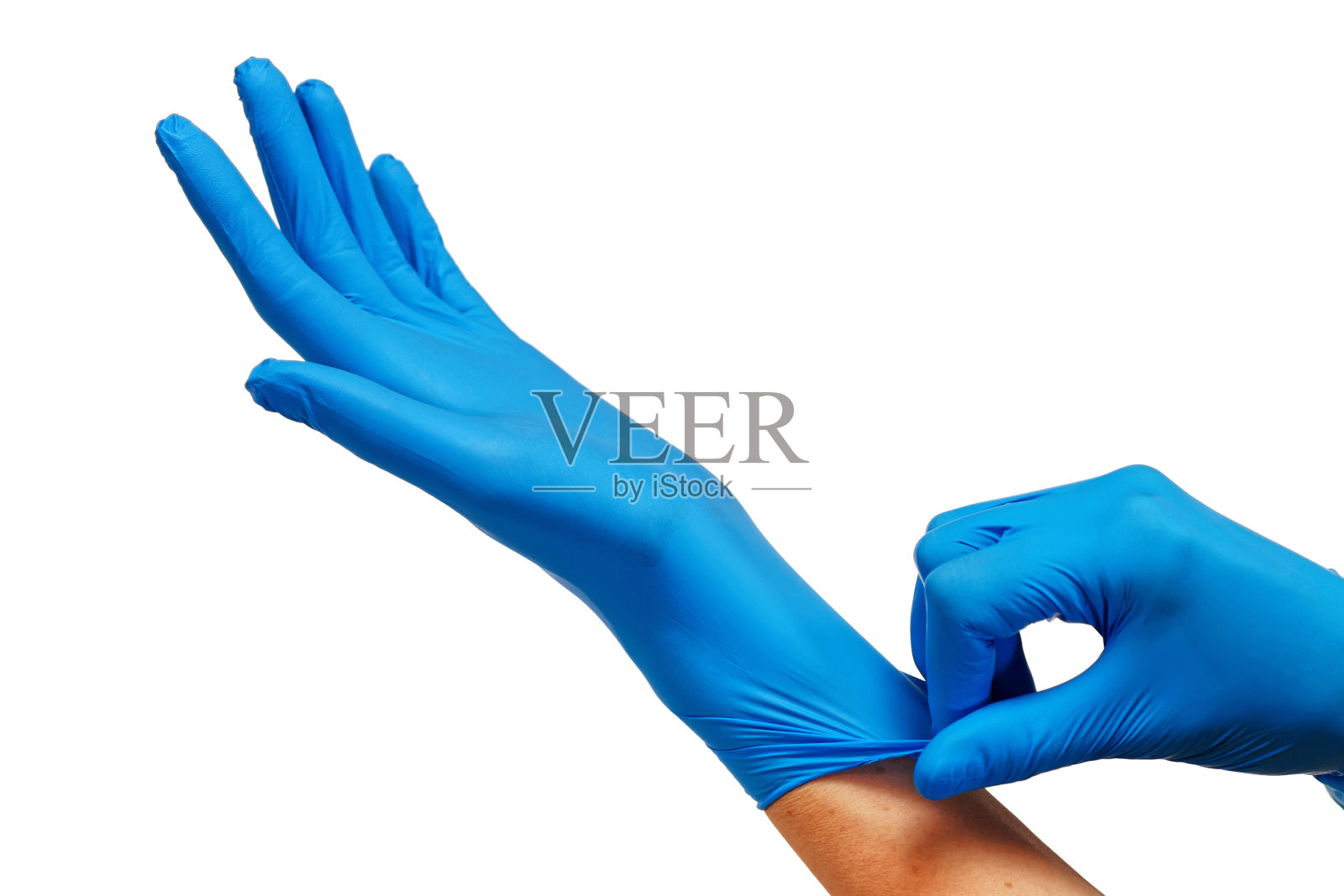 医生戴上防护蓝手套隔离在白色照片摄影图片