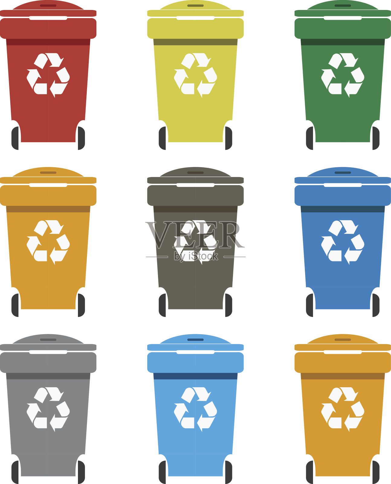 不同颜色的回收垃圾桶矢量图。装垃圾的垃圾箱。设计元素图片